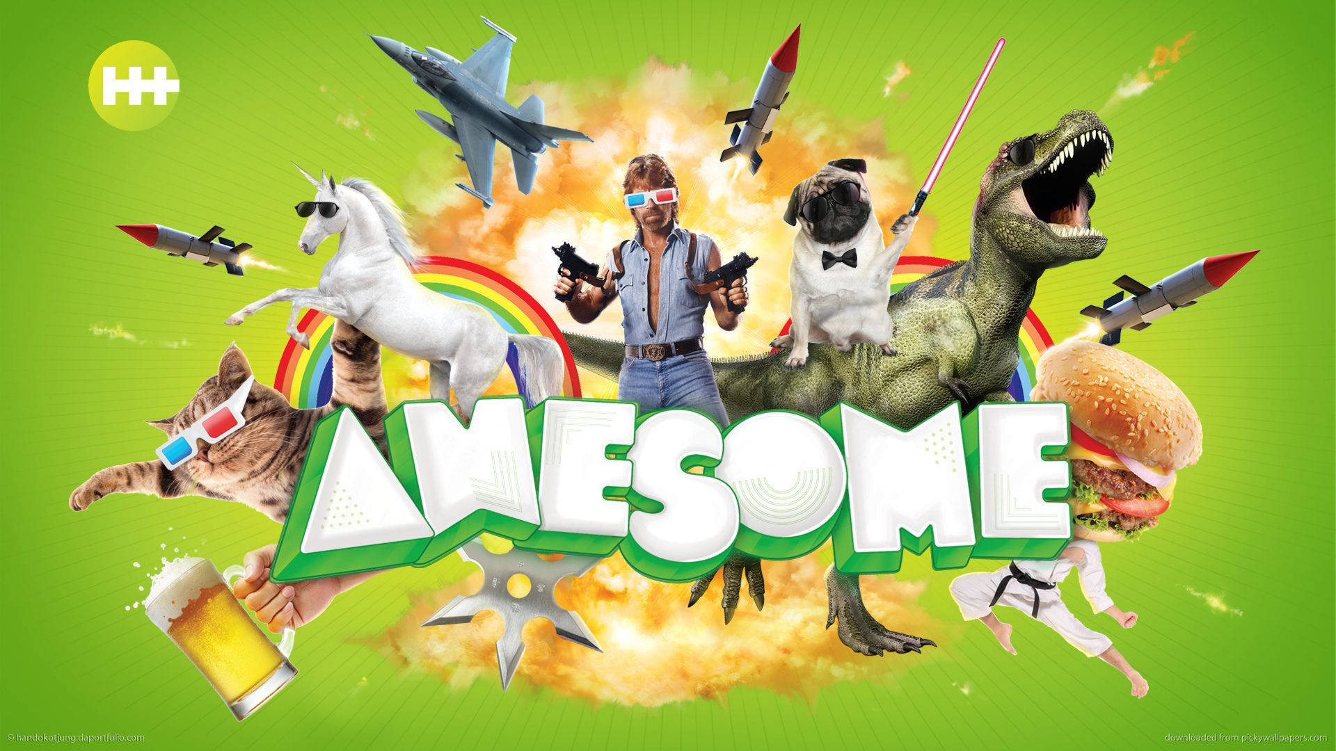 圍繞「awesome」一詞的超現實卡通人物和物體的拼貼畫。
