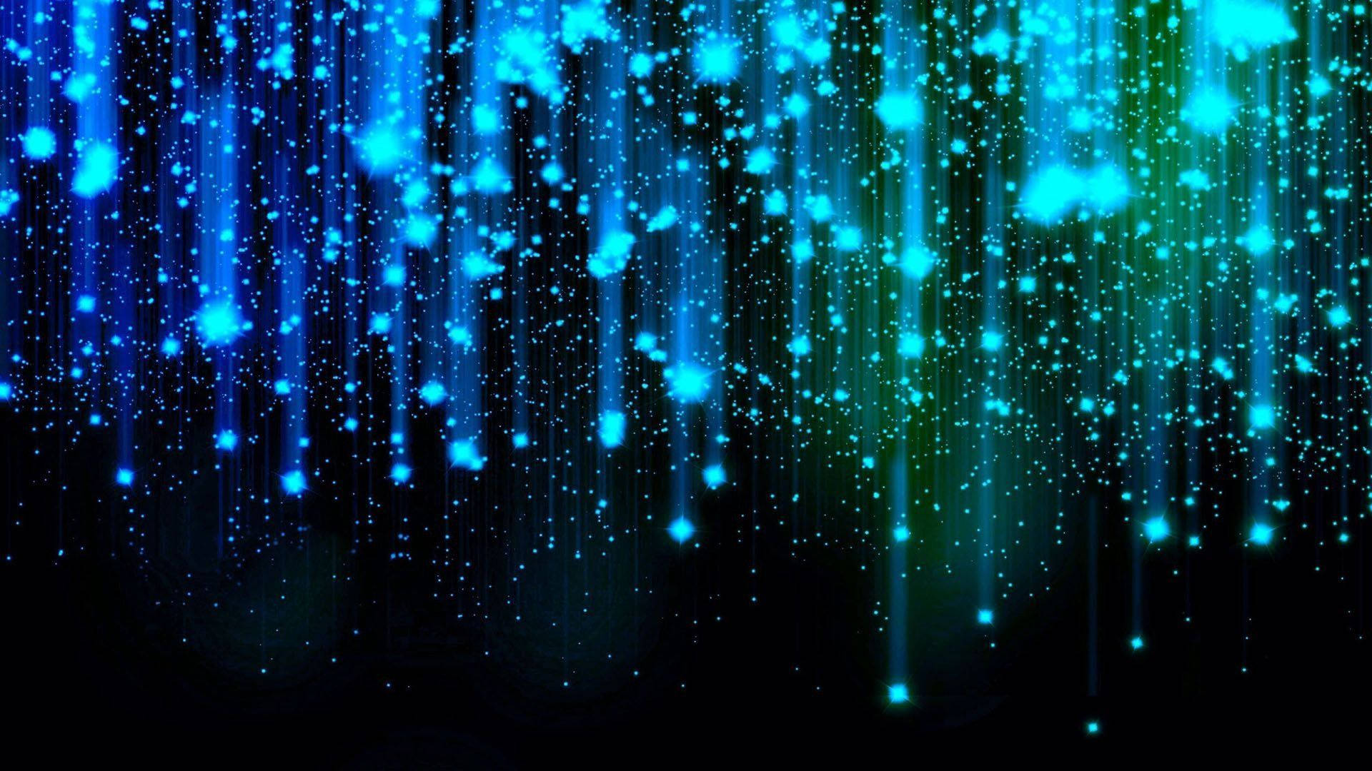在黑暗中像數位雨一樣落下的發光藍色和綠色粒子。