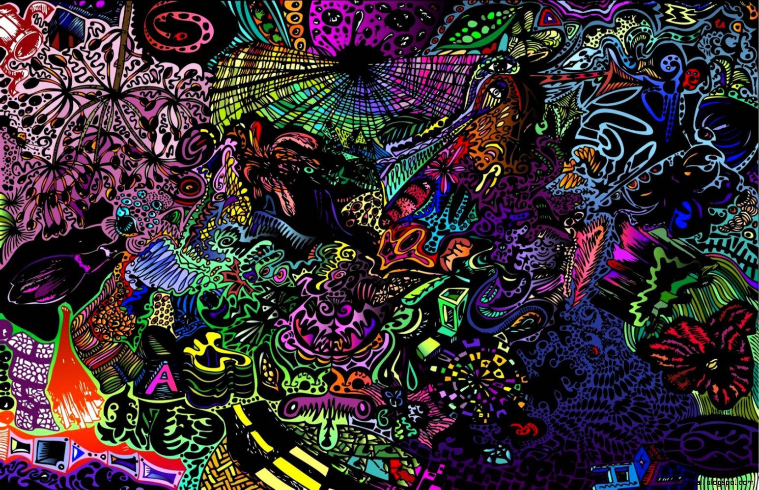 一幅色彩繽紛的抽象數位藝術作品，帶有迷幻圖案和塗鴉風格設計。