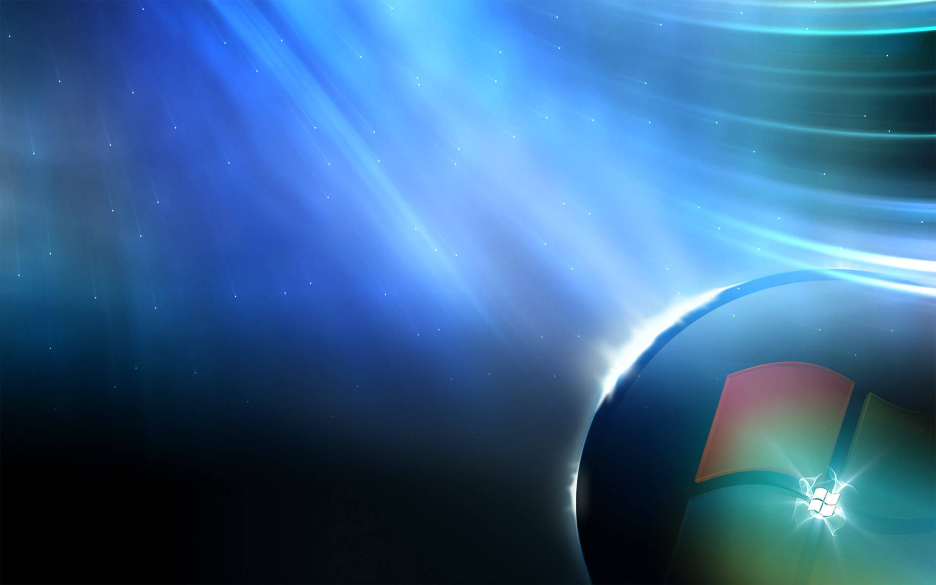 超現實Windows 10高畫質 壁紙 — 一個發光的Windows標誌從宇宙藍色星雲中浮現，伴隨著耀眼的光束和星塵。