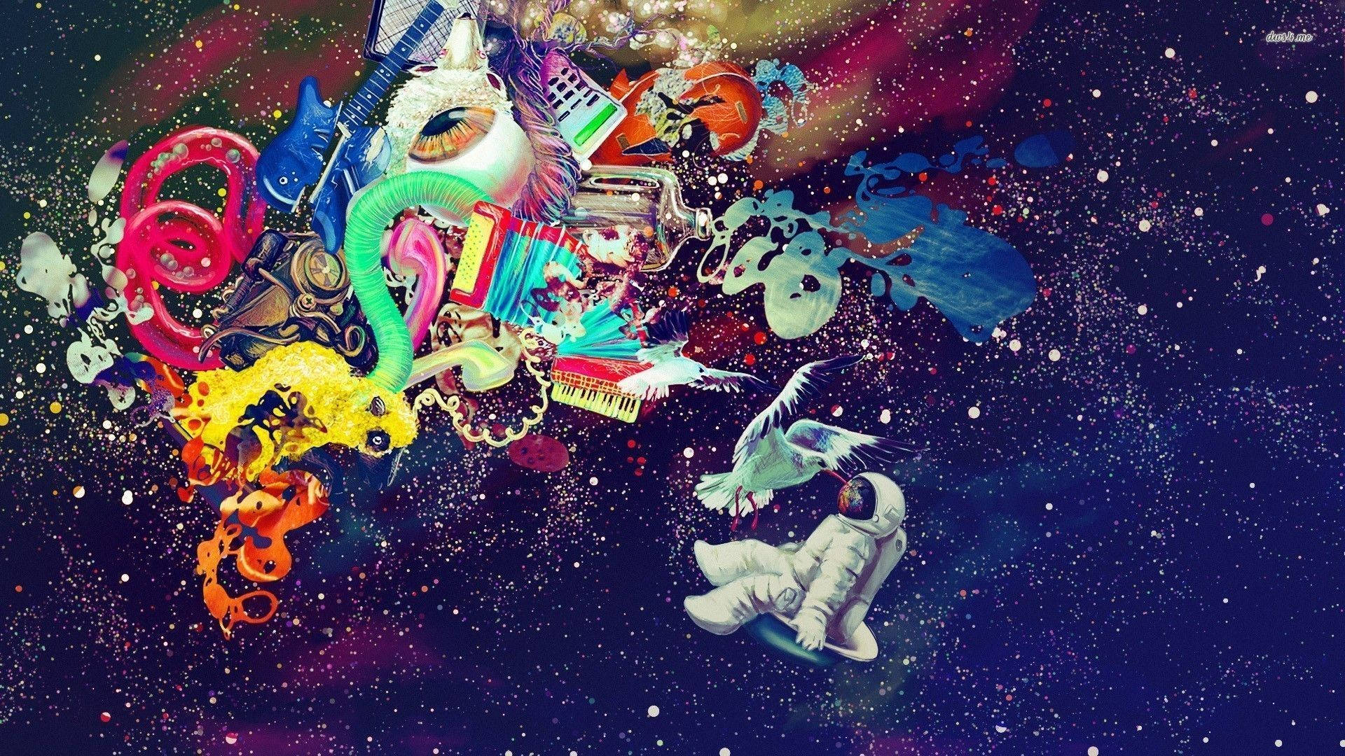 超現實主義宇航員太空藝術 壁紙 — 一幅超現實的宇宙拼貼畫，充滿活力的樂器和超現實物體漂浮在繁星點點的星系中，附近有一位太空人在漂浮。