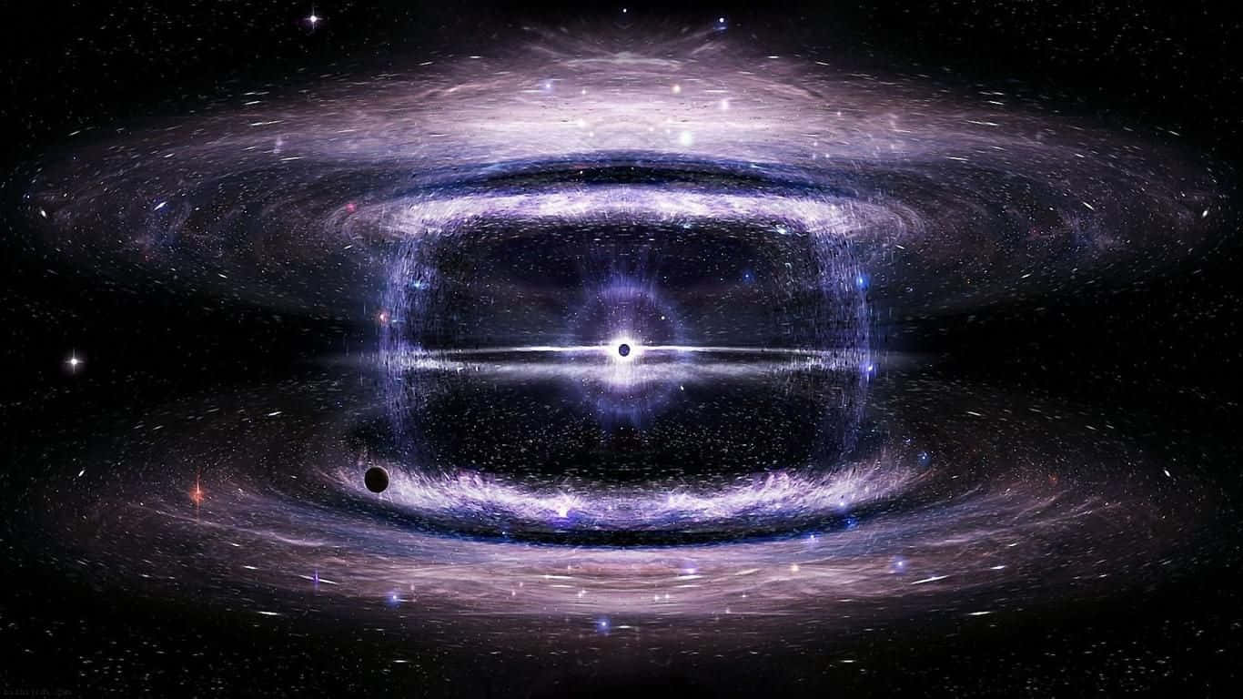 超現實之美：壯觀的超新星 壁紙 — 一個宇宙黑洞，帶有發光的吸積盤和旋轉的紫色星雲，背景是星場。
