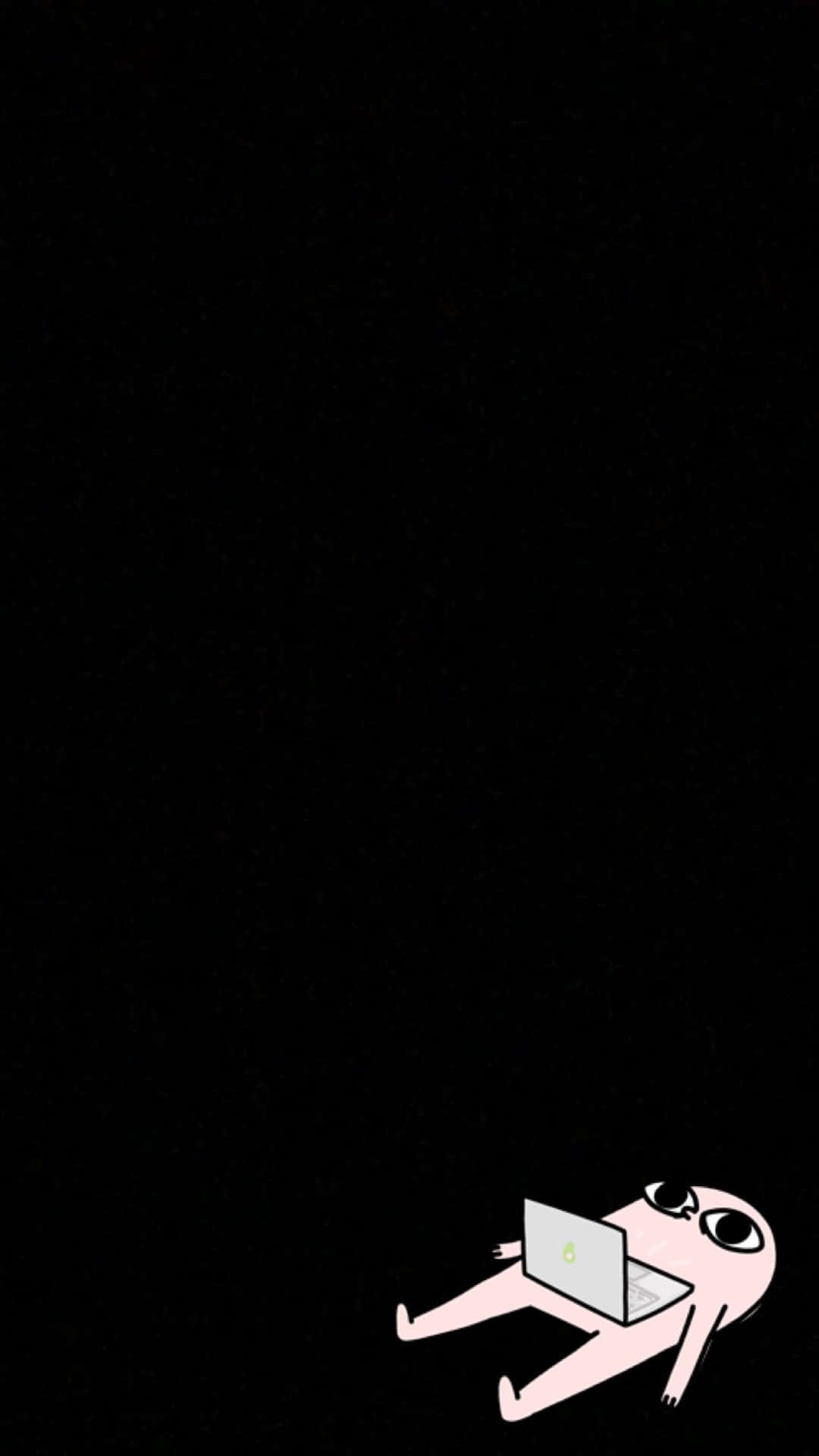 粉紅色卡通人物在黑色虛空中使用筆記本電腦
