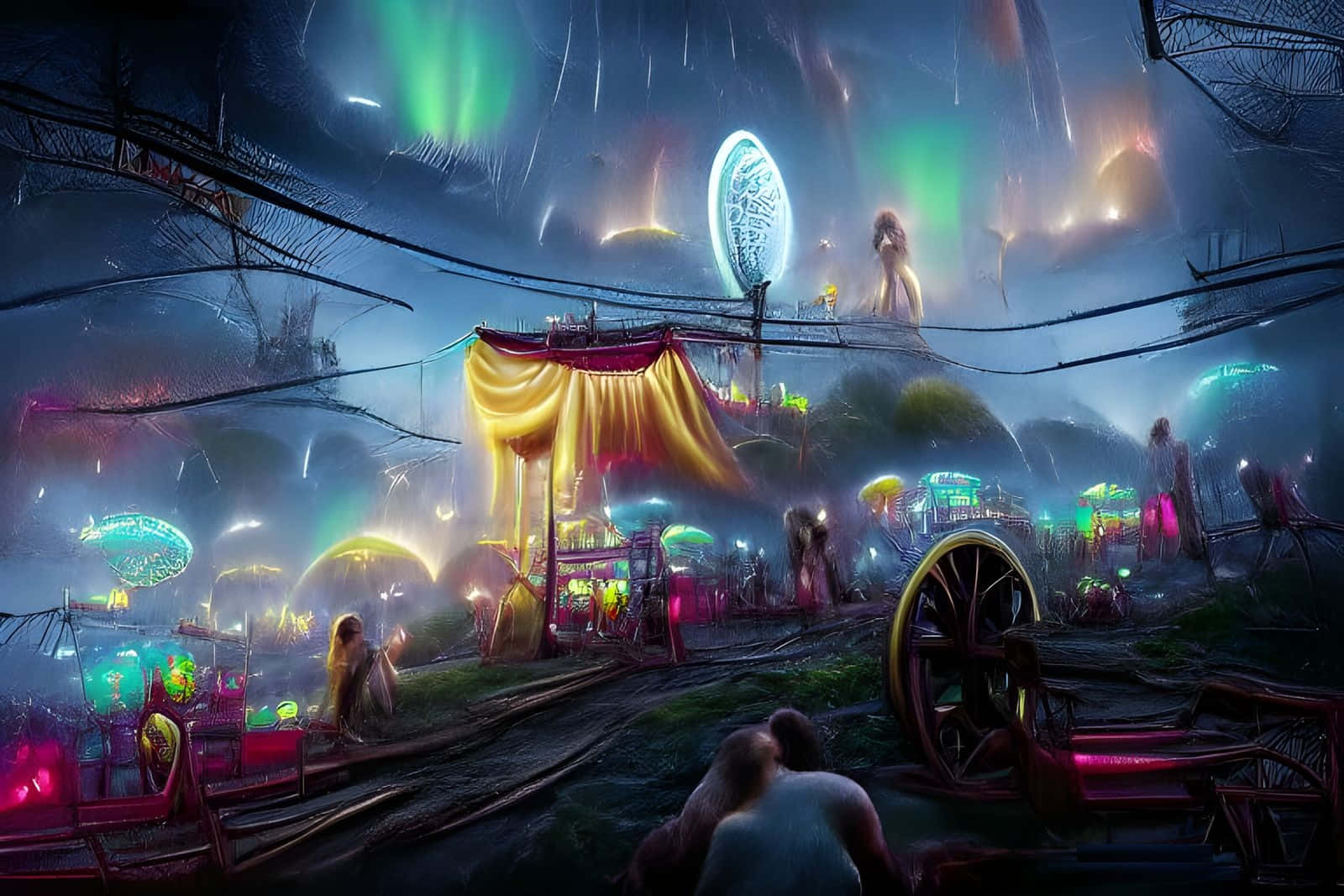 Otherworldly 桌布 壁紙 — 超現實夜景，霧氣瀰漫的未來主題樂園上空有發光的嘉年華遊樂設施和極光。