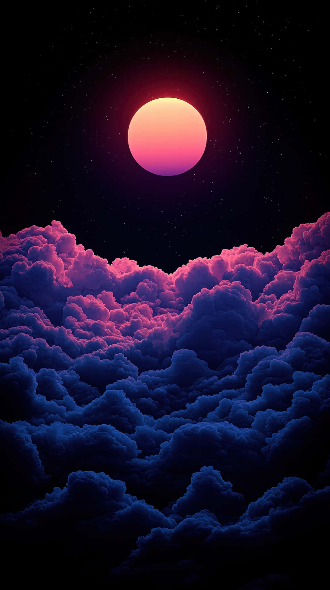 一輪發光的粉紅色月亮升起在廣闊的紫色和藍色雲原之上，星空下。