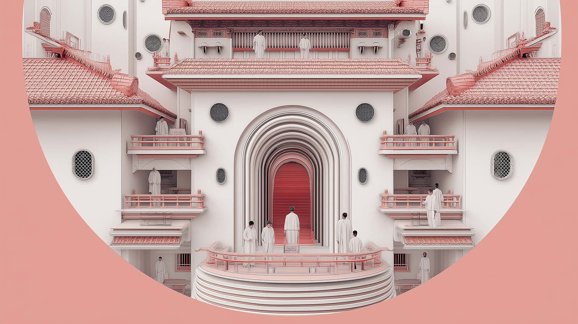 超現實寺廟場景中的對稱建築壯觀 壁紙 — 一座超現實的粉紅色和白色建築結構，具有層疊的拱門和陽台，身穿白色長袍的人物站立其中。