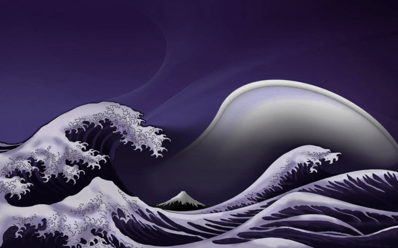 超現實日式浪花 壁紙 — 在深紫色天空下，遠方富士山的風格化數位波浪。
