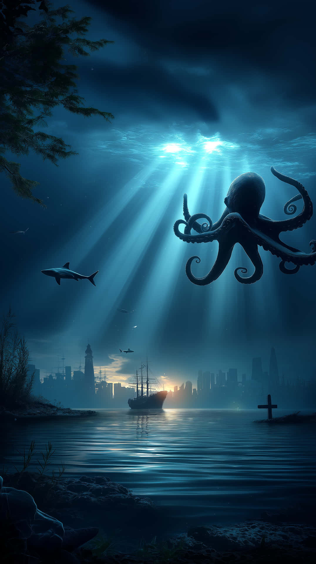 超現實水下城市，章魚與帆船景觀 壁紙 — 一隻巨型八爪魚漂浮在深藍色海洋中，陽光穿透水面，照射在城市天際線和孤獨的船隻上方。