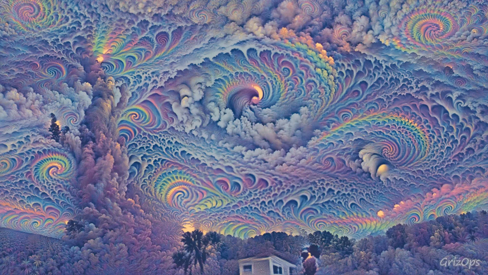 迷幻 桌布 壁紙 — 超現實的天空，充滿了鮮豔的分形雲彩，在樹林中的寧靜房屋上方旋轉出彩虹色調。