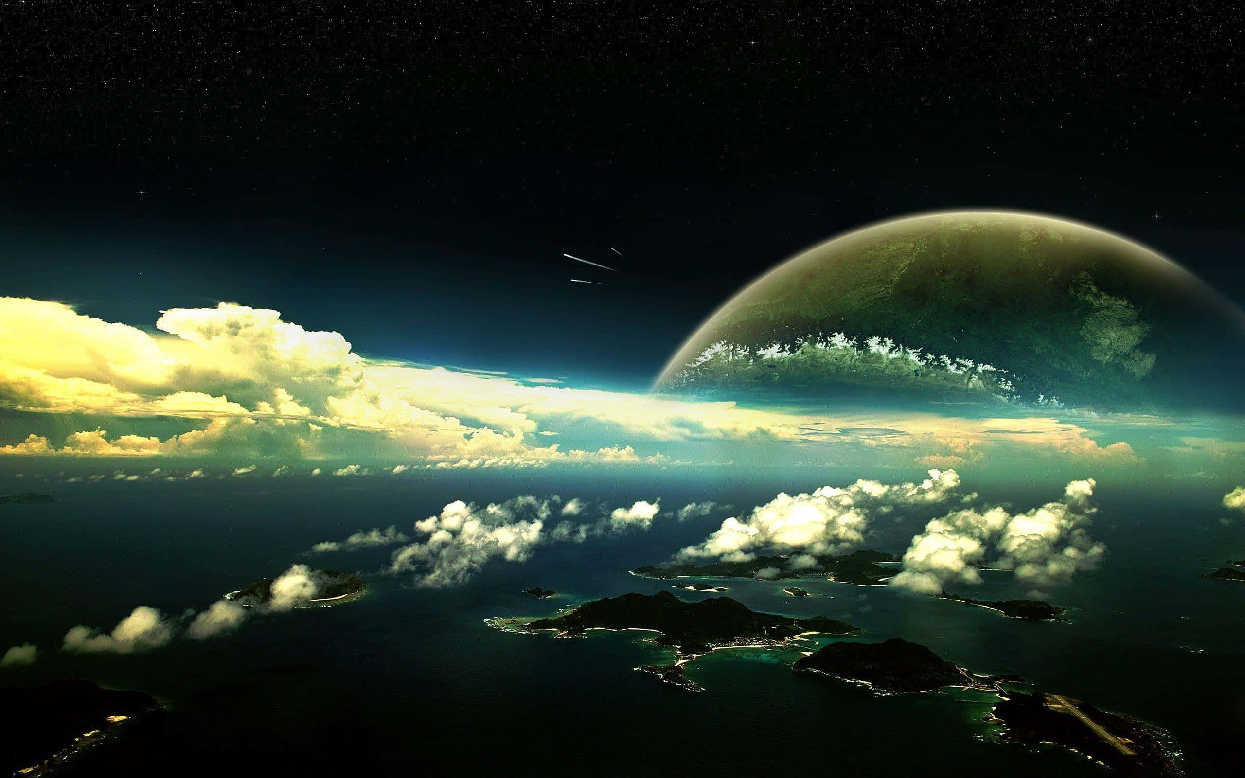Ambience 桌布 壁紙 — 超現實的太空景觀顯示一顆行星在雲層覆蓋的海洋上升起，下方有發光的島嶼。