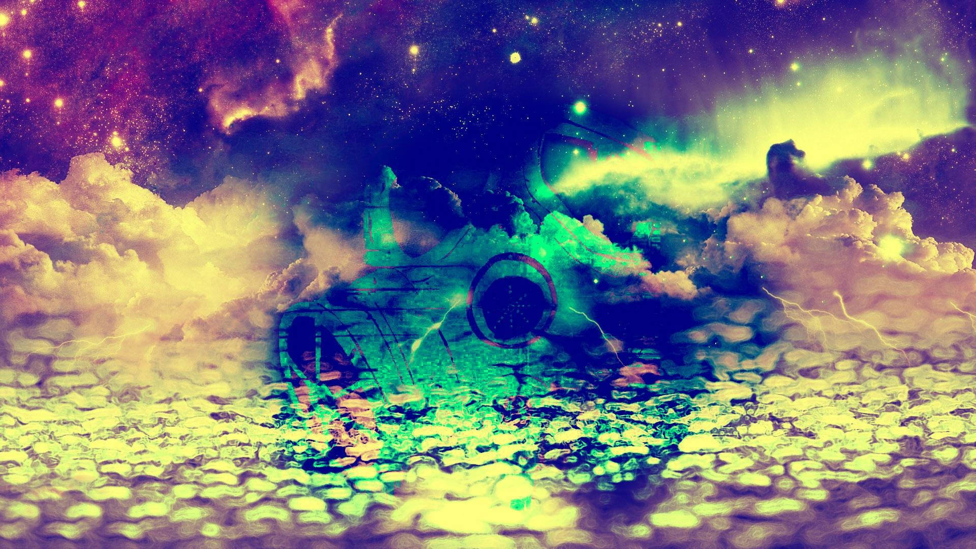 迷幻 桌布 壁紙 — 超現實的宇宙場景，一艘發光的太空船從充滿活力的星雲和星空中的紋理外星景觀中出現。