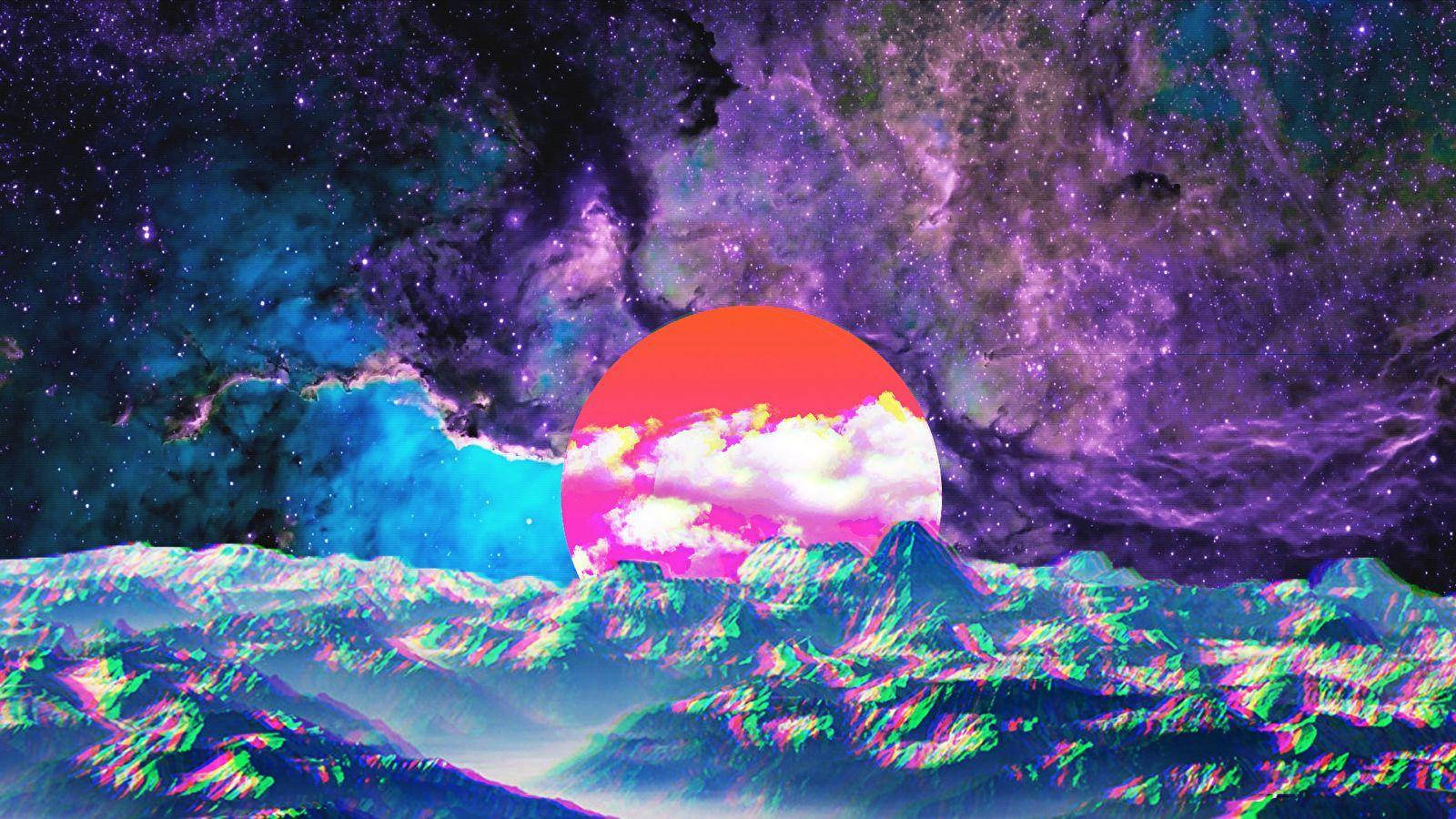 Mountain 桌布 壁紙 — 超現實的宇宙日落，在充滿活力的紫色和藍綠色星雲天空下，鋸齒狀山脈後方有一顆發光的橙色太陽。