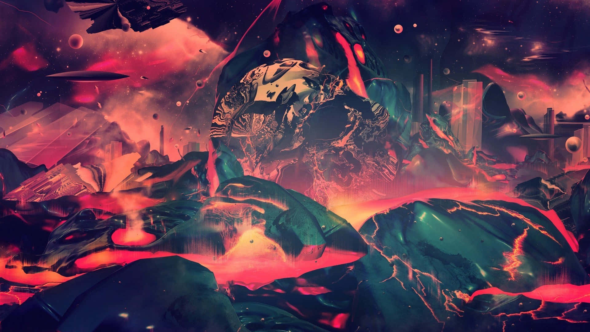 Digital Art 桌布 壁紙 — 超現實的宇宙景觀，在繁星點點的星雲天空下，有發光的紅色熔岩流和漂浮的外星結構。