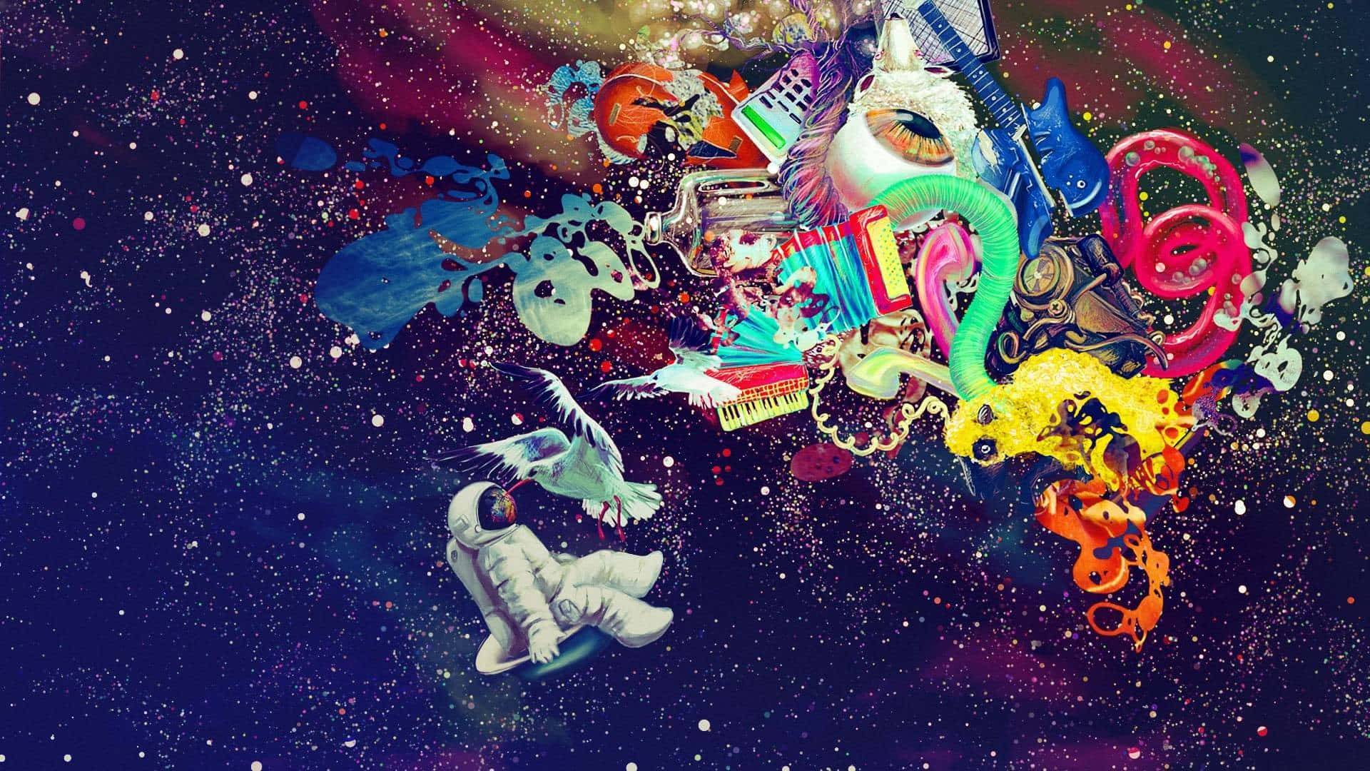 Trippy 3d Art 桌布 壁紙 — 超現實的宇宙爆炸，充滿鮮豔物體如結他、眼睛和海鷗，漂浮在星雲中。