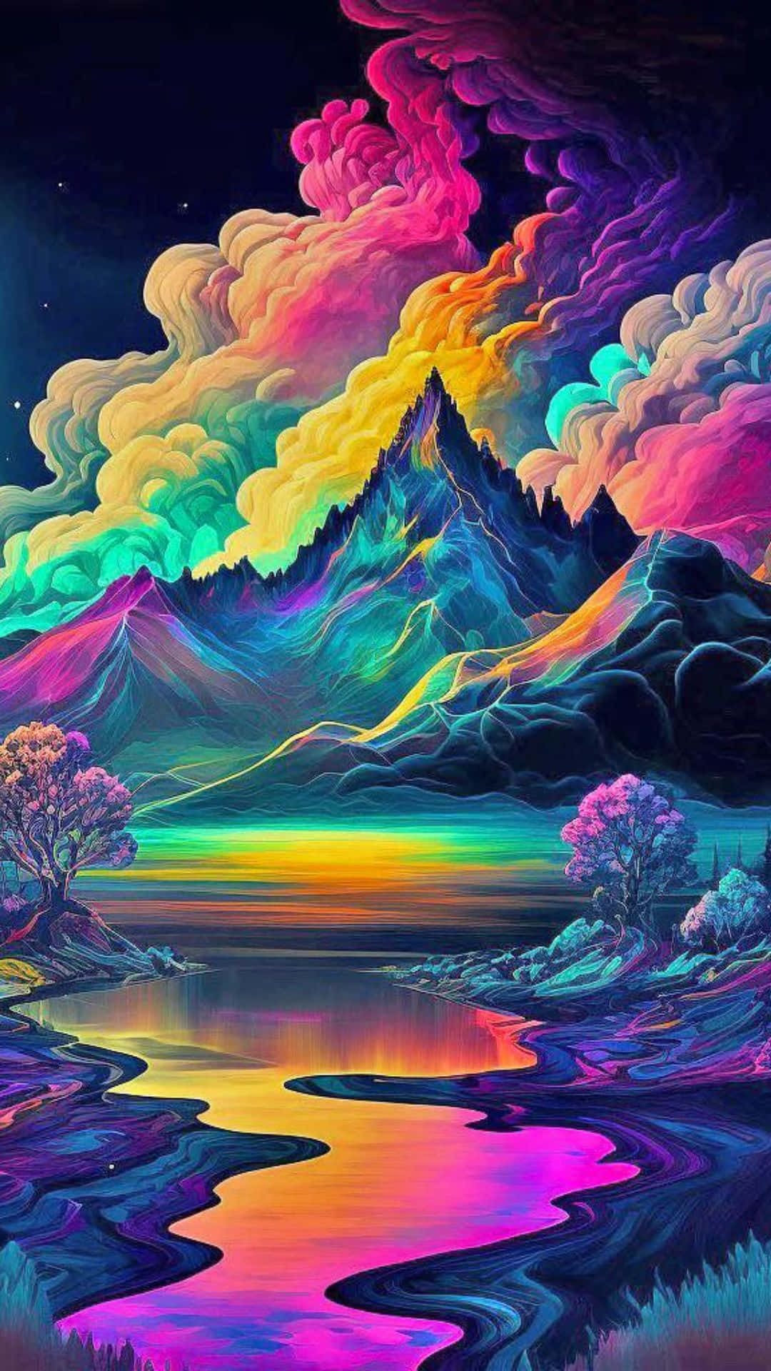Trippy Sky 桌布 壁紙 — 超現實的山景，霓虹色的雲彩在星空下映照在發光的河流中。