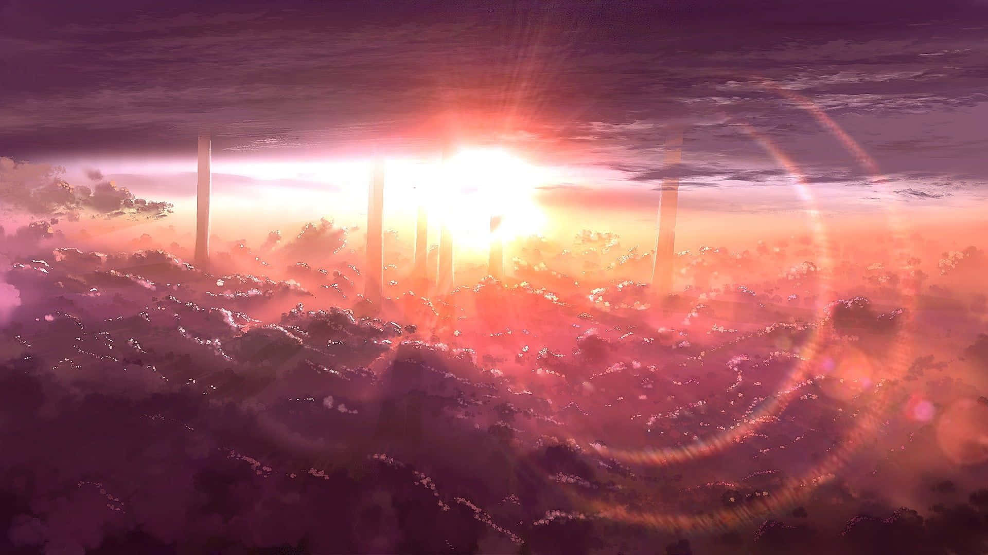 Anime Sunset 桌布 壁紙 — 超現實的日落，光芒四射的陽光穿透雲層，照耀在發光的紫色景觀上。