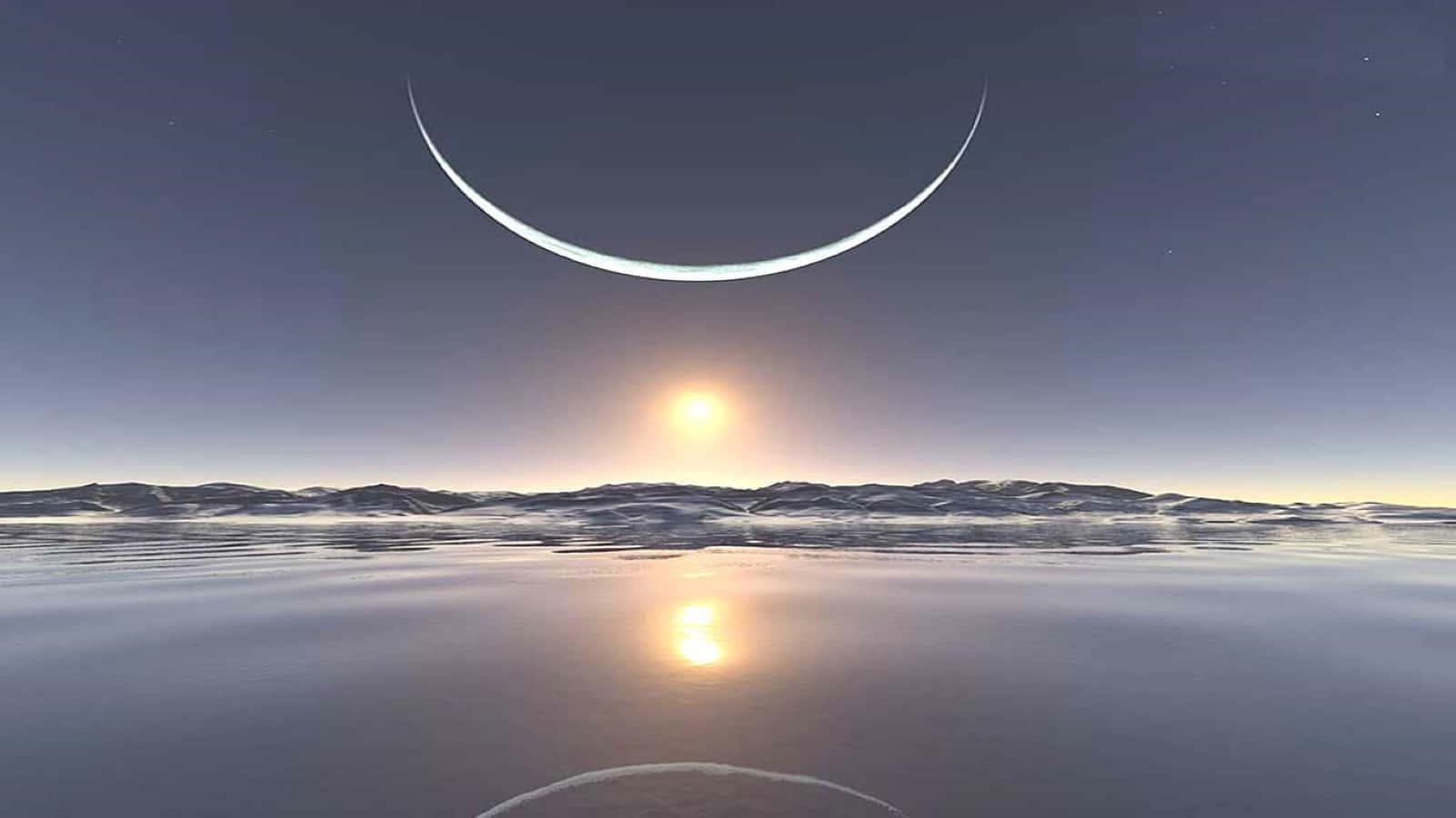 winter solstice 桌布 壁紙 — 超現實的暮色場景，發光的太陽和彎月懸浮在冰凍且反射的景觀之上。