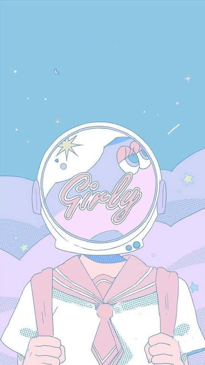 超現實美感少女風數位藝術 壁紙 — 一個可愛的動漫女孩，穿著粉紅色水手服和太空人頭盔，頭盔面罩上寫著「Girly」，漂浮在粉彩星空之中。