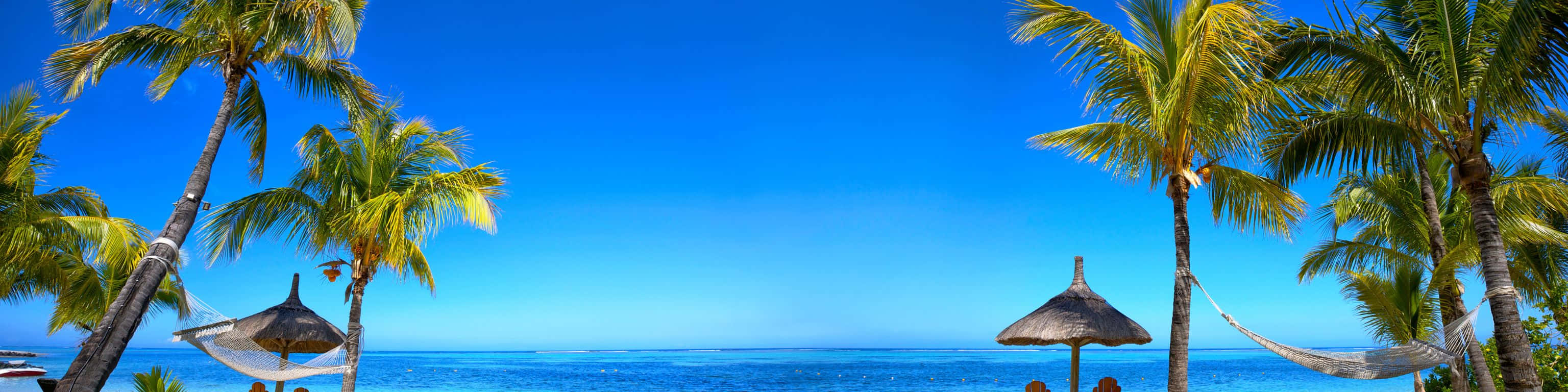 超現實自然風景 壁紙 — 熱帶海灘場景，棕櫚樹、吊床和碧綠海洋，在清澈的藍天下。