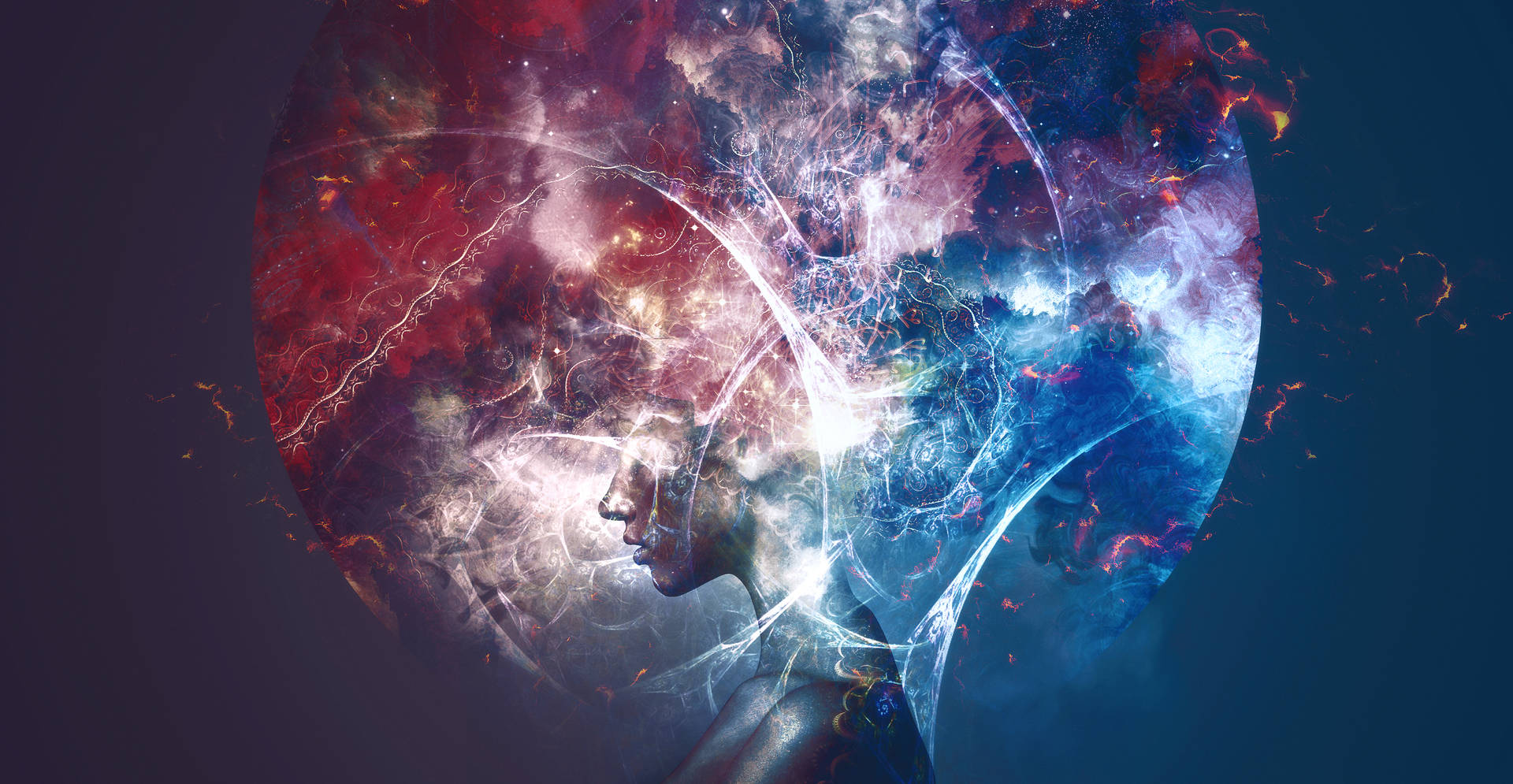 一個女人的剪影，頭部內有旋轉的宇宙星雲和閃電。