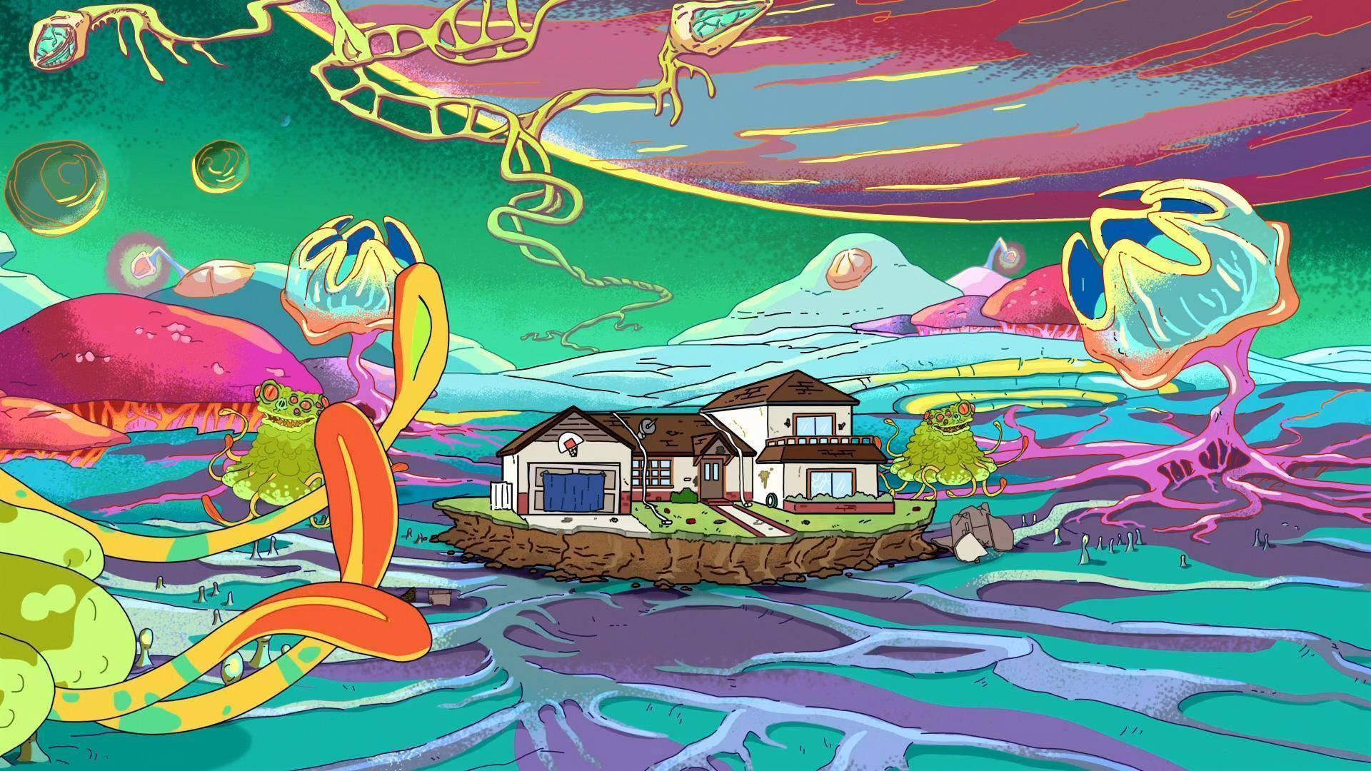 一間卡通屋漂浮在超現實的外星景觀上，有發光的水母和迷幻的天空。