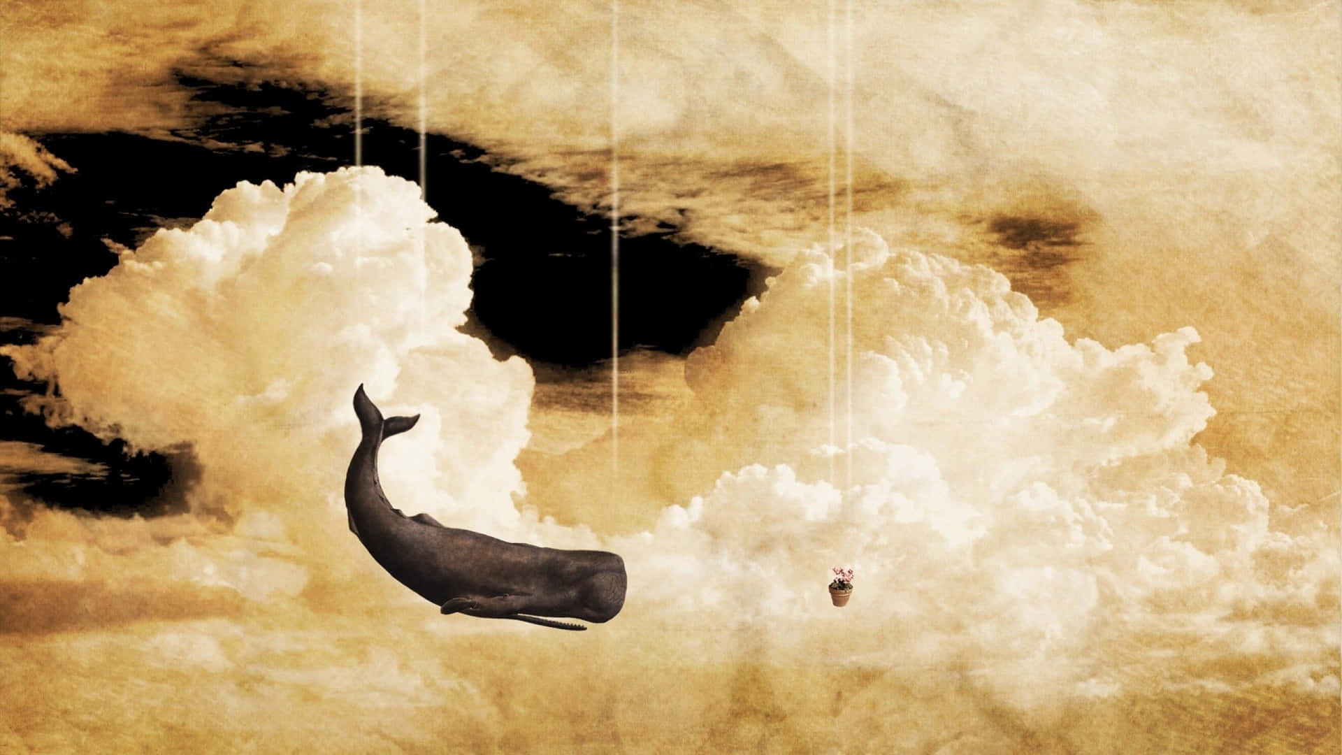 一頭鯨魚和一個小人物在夢幻般的天空中，漂浮在紋理豐富的雲層之間。