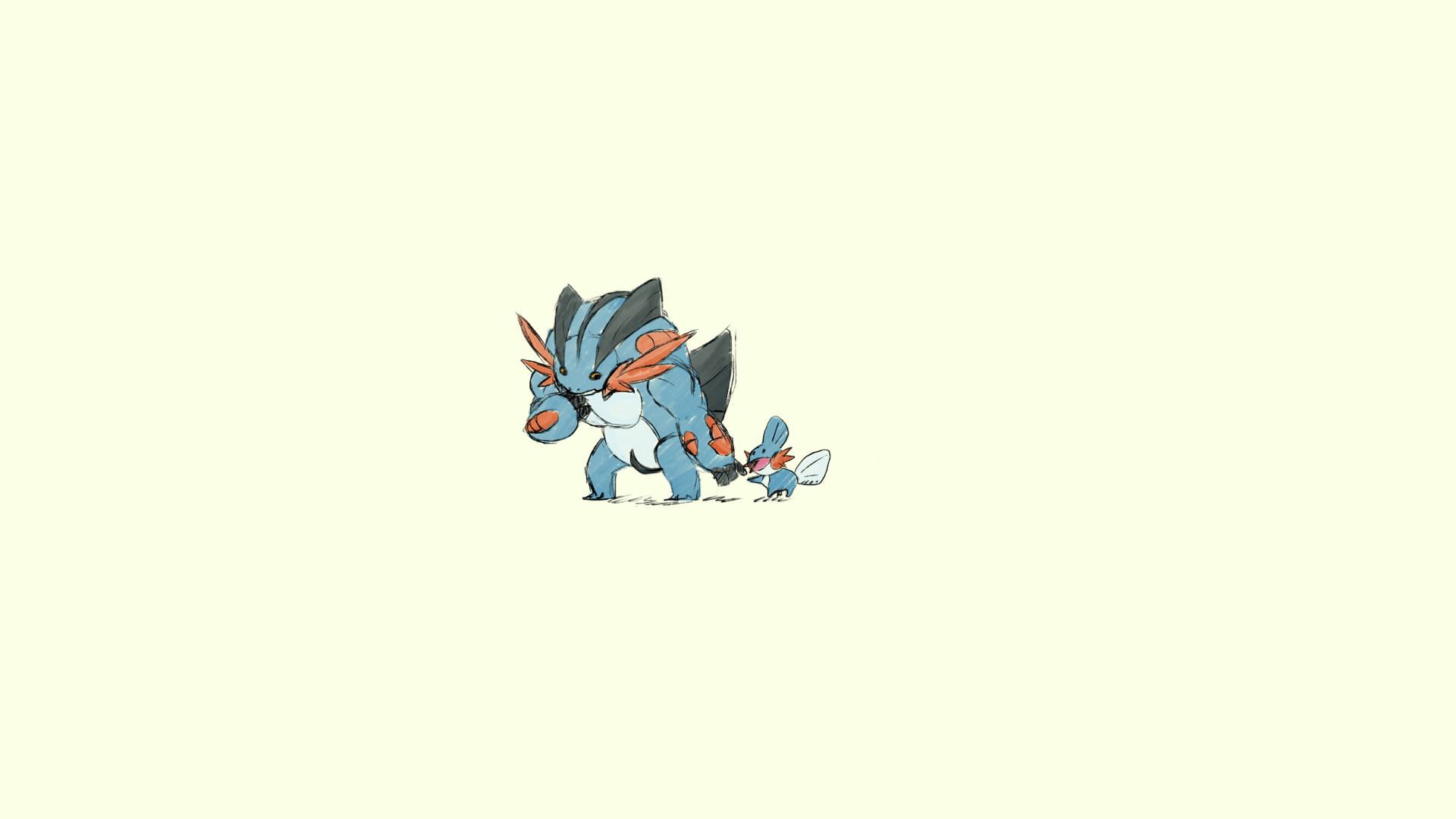超級 Swampert 步行 壁紙 — 一隻藍色和橙色的動漫風格寶可夢與一個較小的同伴站在淡黃色背景前。