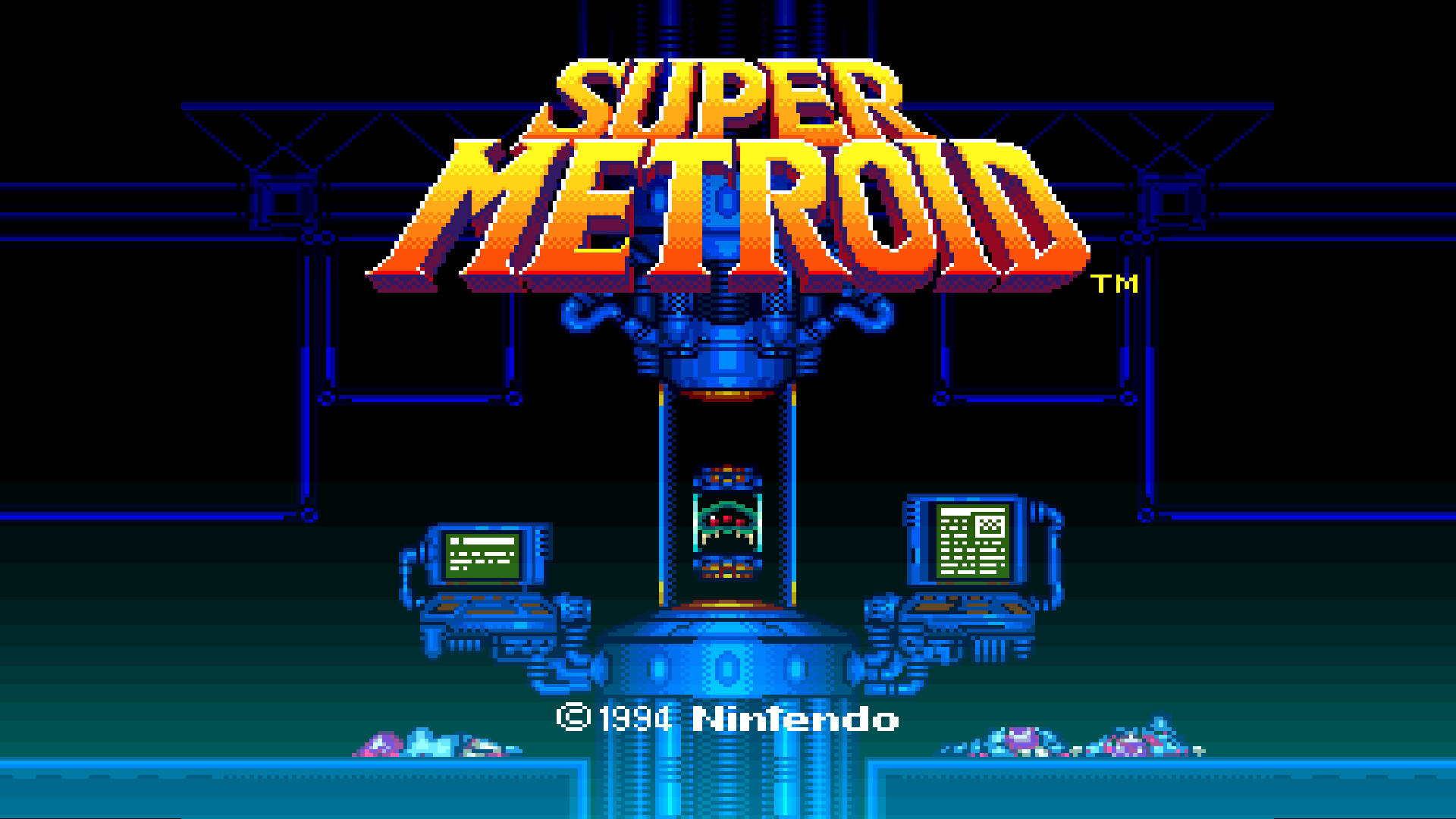 Super Metroid 遊戲標題畫面，帶有像素文字和藍色機械。