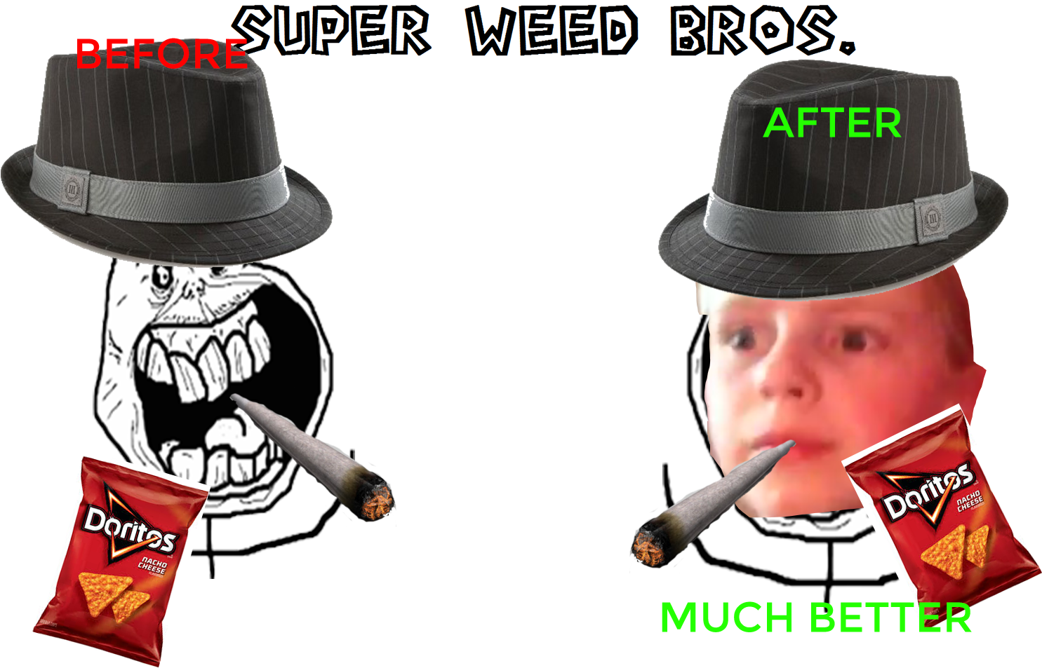 超級大麻兄弟變身梗圖 壁紙 — 一個迷因，比較卡通 troll 臉抽大麻煙與真人做同樣的事，兩者都有 Doritos 袋和「before after」文字。