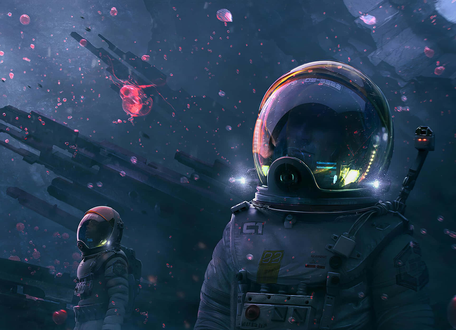 兩名太空人在太空中漂流，周圍有發光的水母和破損的船隻。