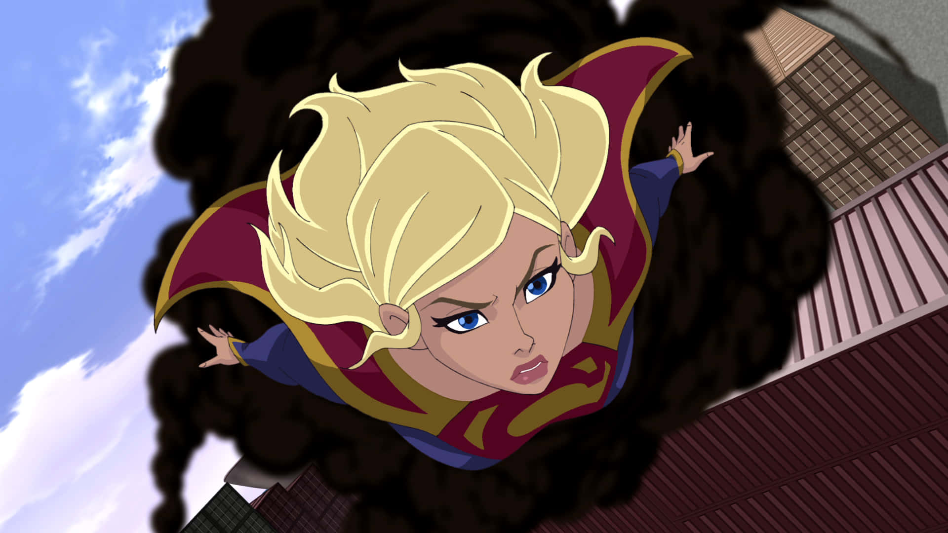 Superman Unbound 桌布 壁紙 — 超級女孩在陰雲密佈的天空中翱翔，下方城市景觀中冒出黑煙。