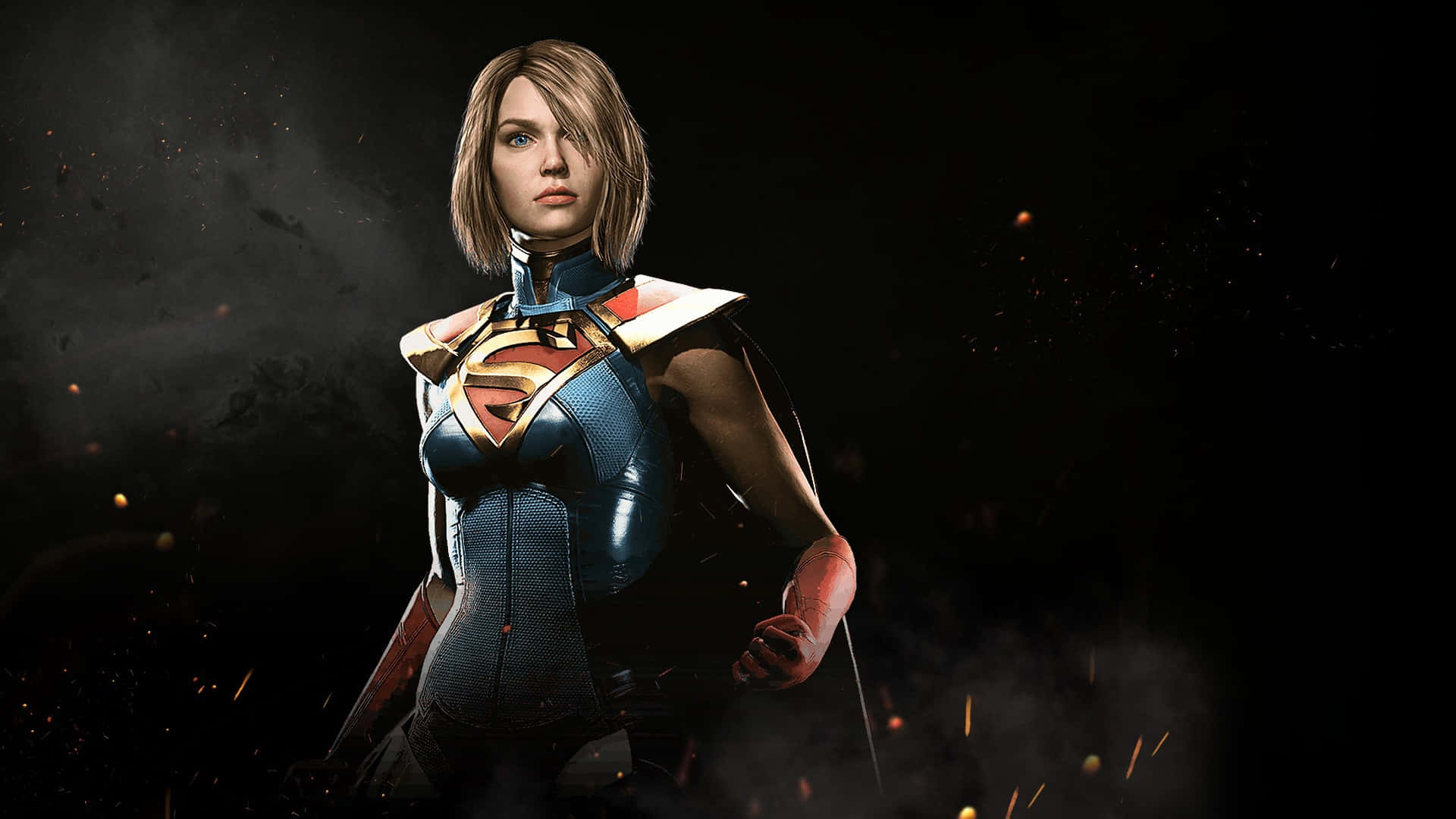 Superhero Video Games 桌布 壁紙 — 超級女孩自信地站在一個黑暗煙霧彌漫的環境中，周圍漂浮著發光的餘燼。