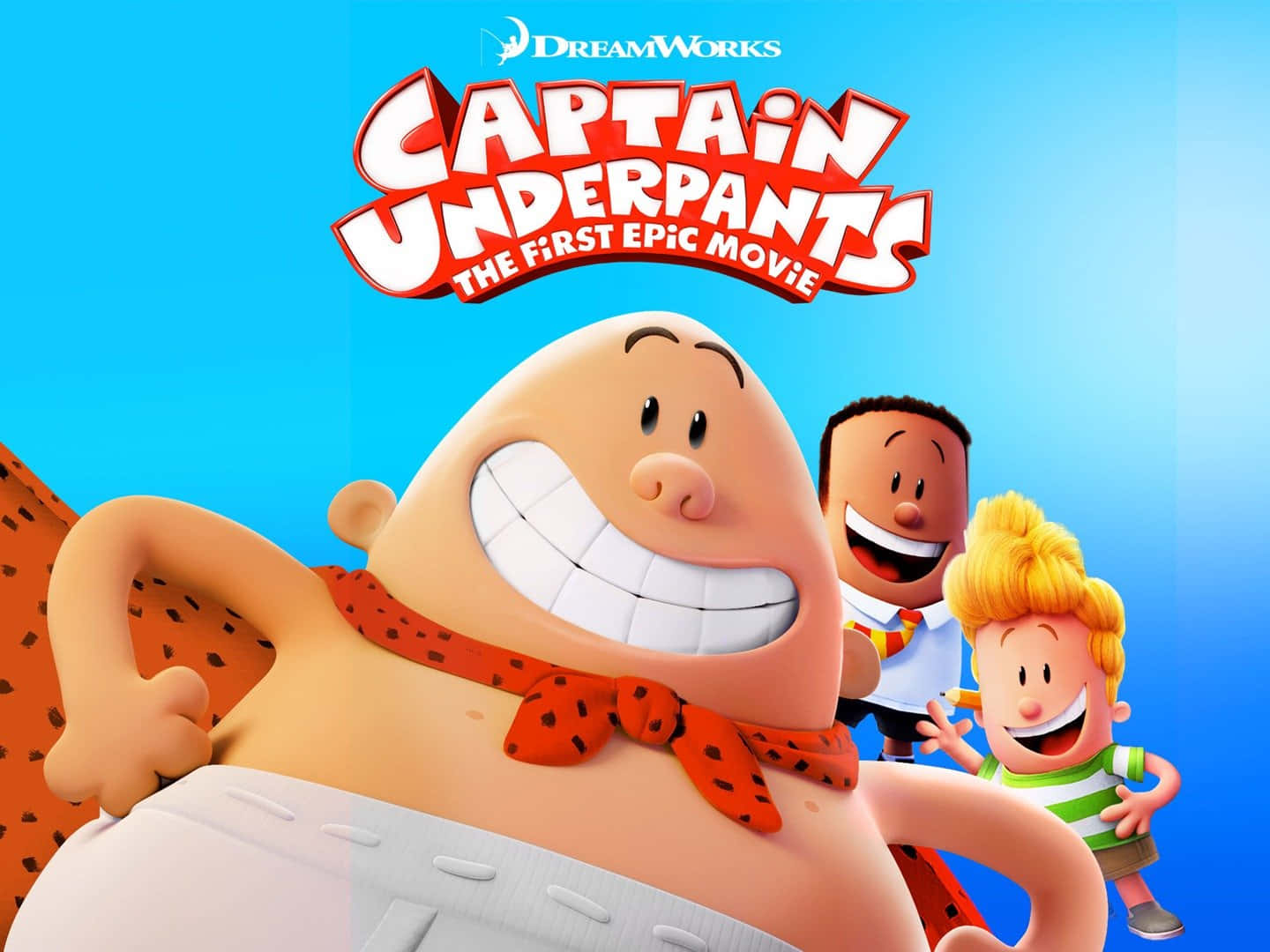 Captain Underpants 同兩個細路喺藍色背景前英勇咁微笑。