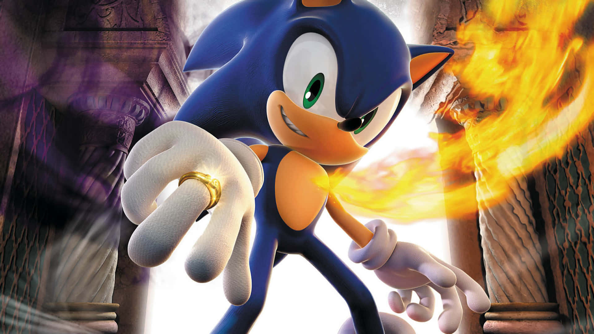 Sonic And The Secret Rings 桌布 壁紙 — 超級形態的索尼克向前衝刺，雙手迸發出熾熱能量，背景是 crumbling 的石牆。