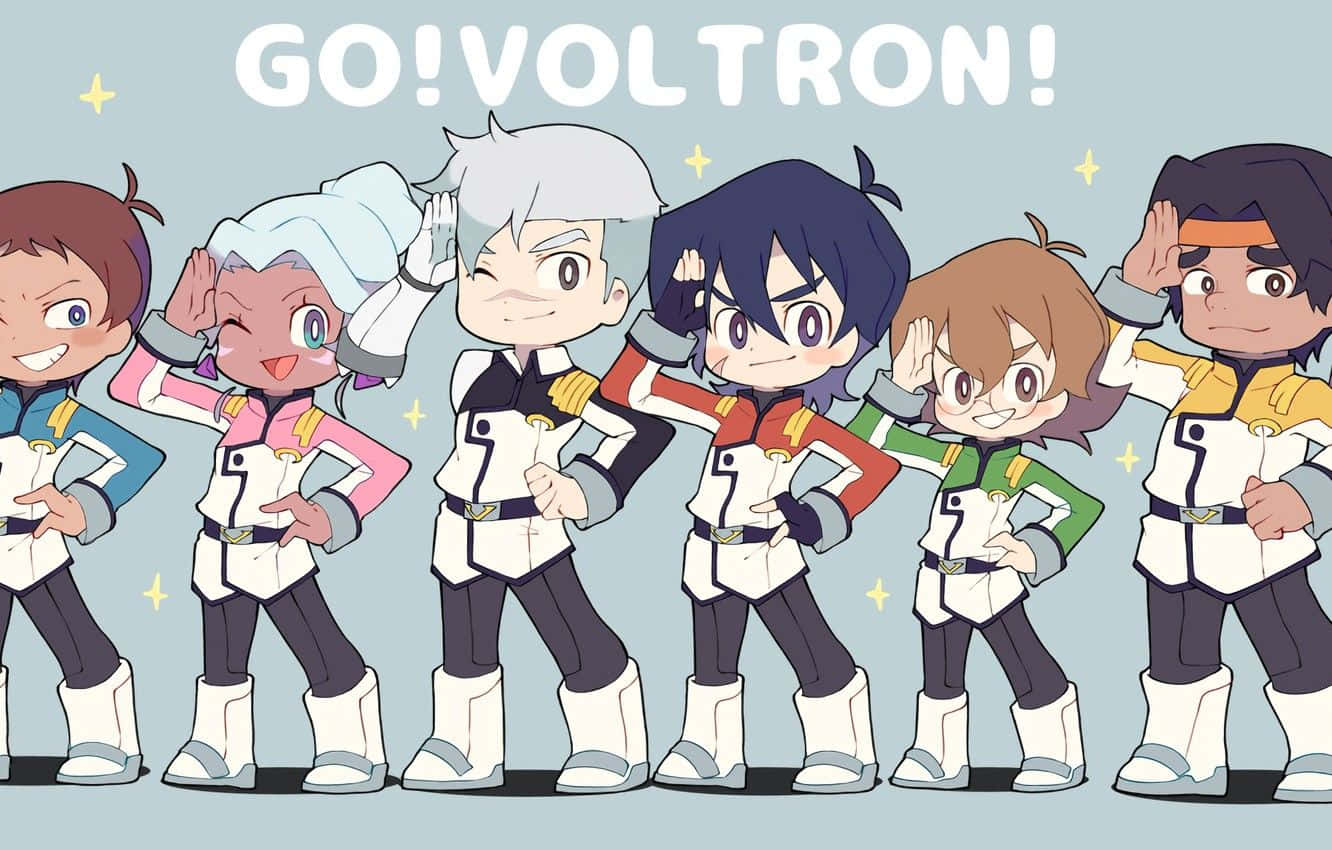 六個Voltron機師穿著色彩繽紛的制服，愉快地敬禮，上方有「GO! VOLTRON!」文字。