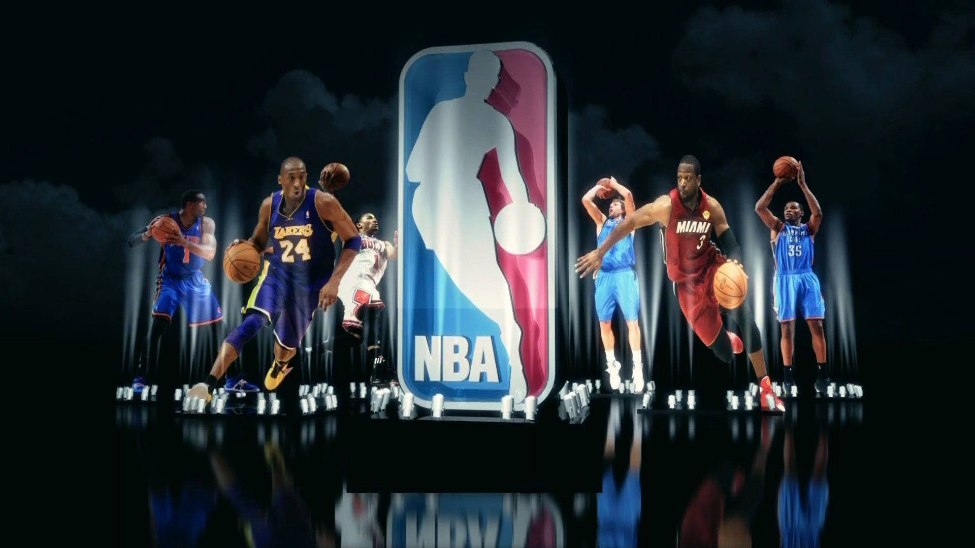 NBA標誌兩側是籃球運動員在聚光燈下擺出動態姿勢。