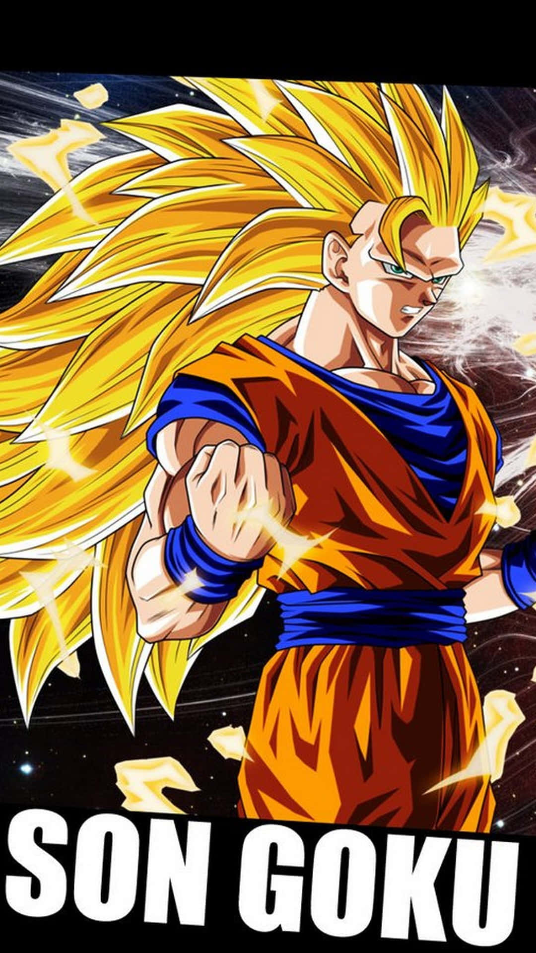 Ssj3 桌布 壁紙 — 超級撒亞人孫悟空身穿橙色和藍色道服，金色頭髮和能量火花在星空宇宙背景下提升力量。
