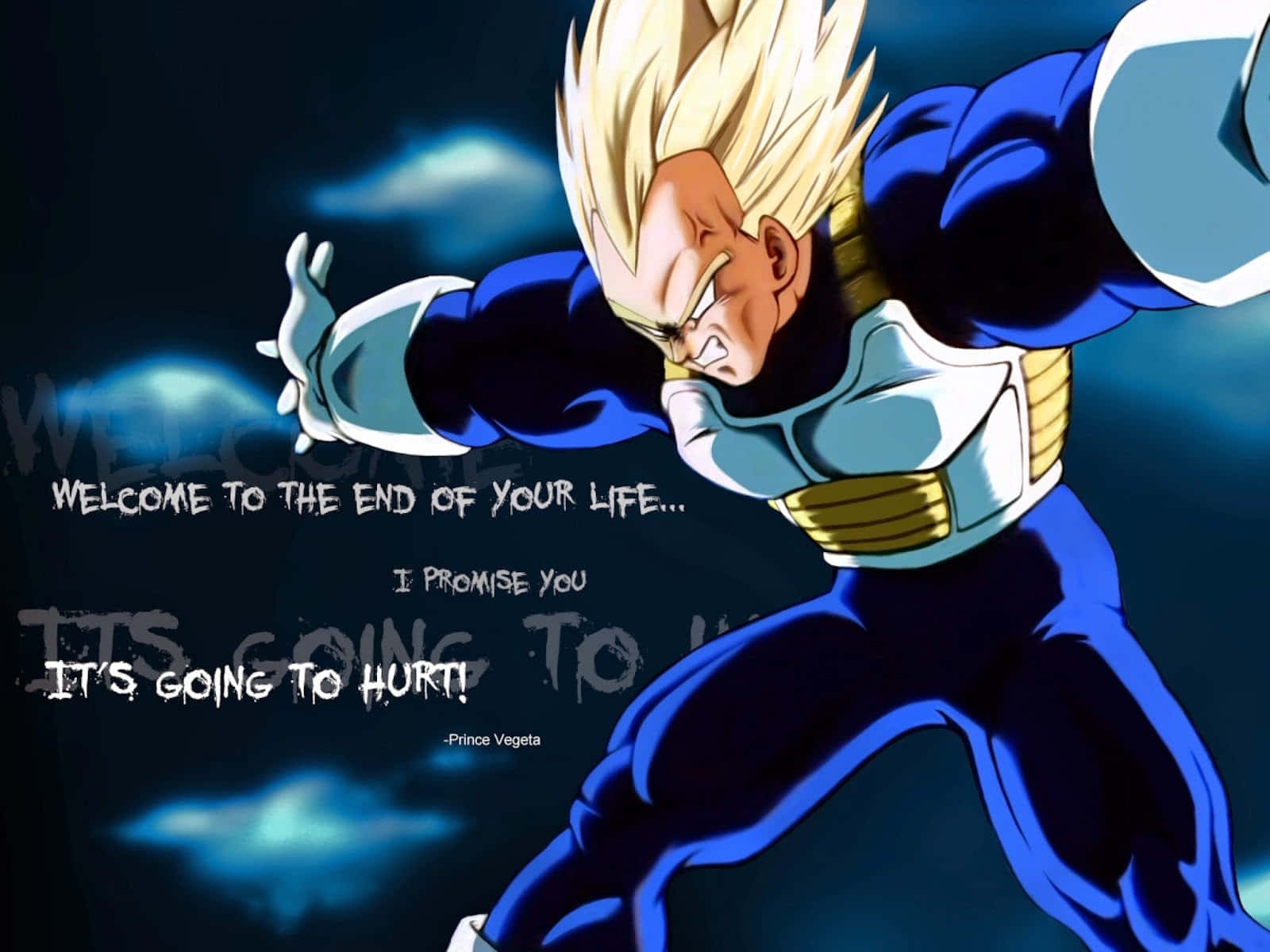 Vegeta Quotes 桌布 壁紙 — 超級撒亞人形態的比達以強烈的表情向前衝刺，背景是深藍色的多雲天空。