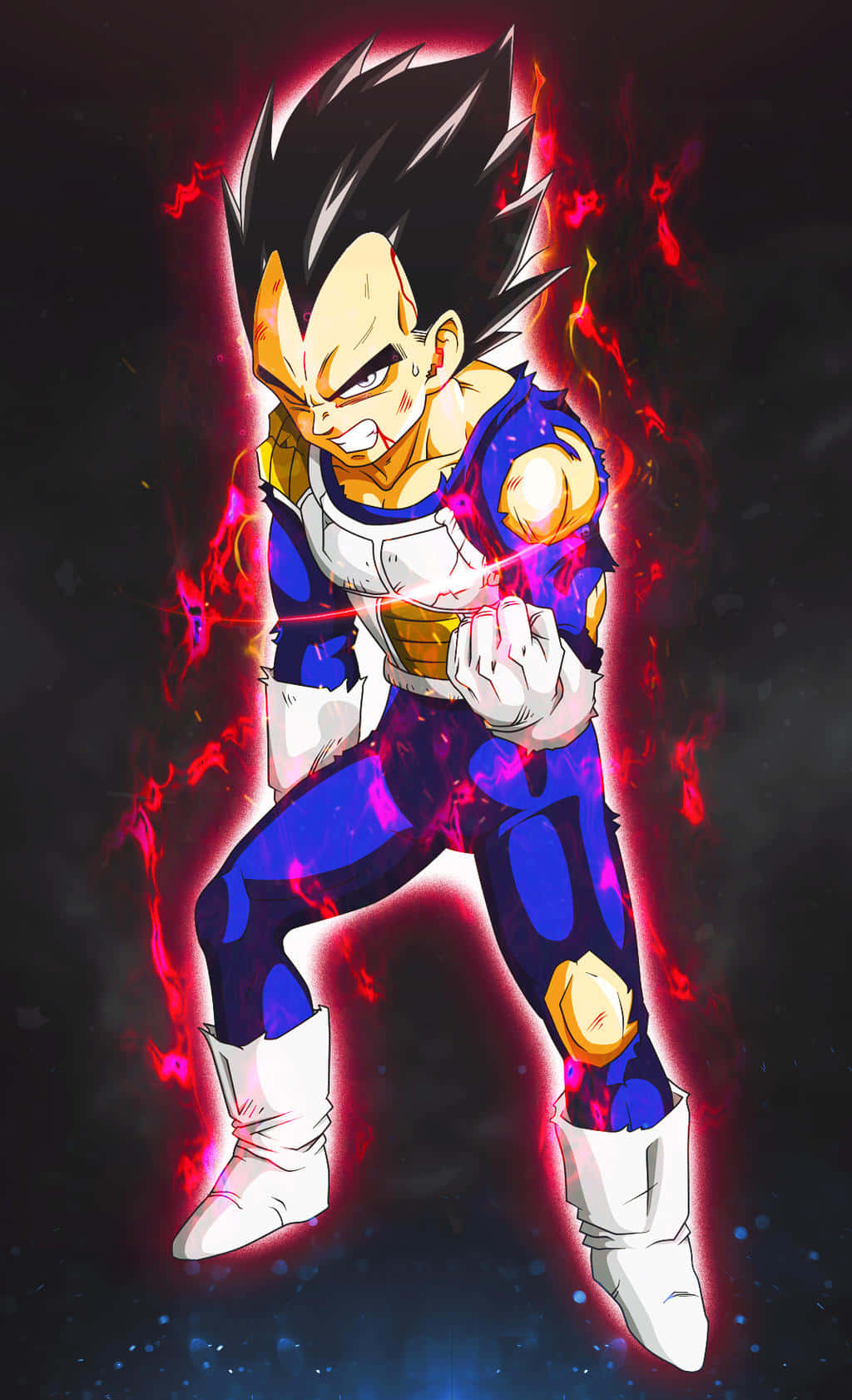 Vegeta Ultra Instinct 桌布 壁紙 — 超級撒亞人形態的比達在黑暗宇宙背景下散發出強烈的紅色能量，並帶有發光粒子。