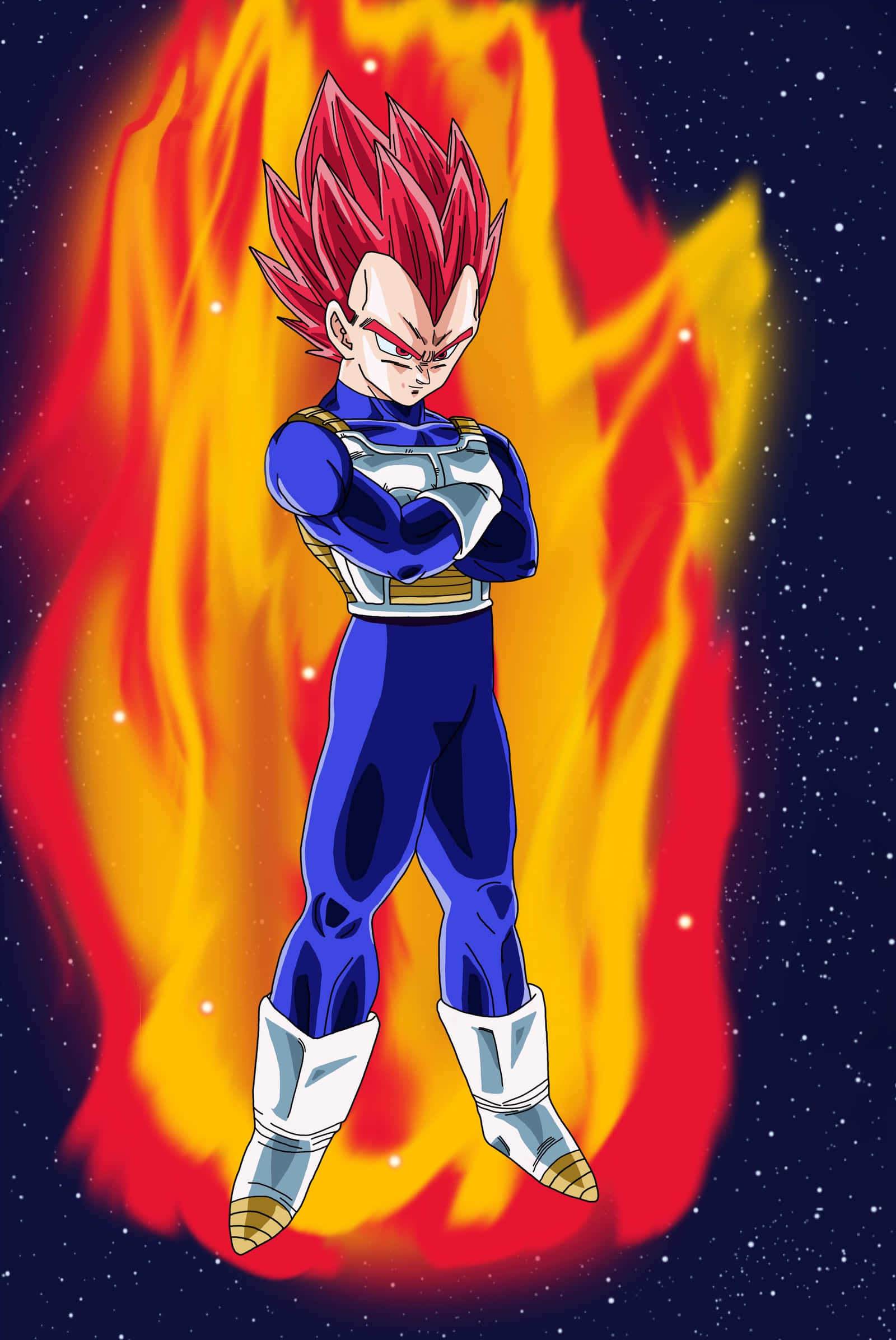 Vegeta Super Saiyan God 桌布 壁紙 — 超級撒亞人形態的比達自信地交叉雙臂，站在熾熱的宇宙背景前。
