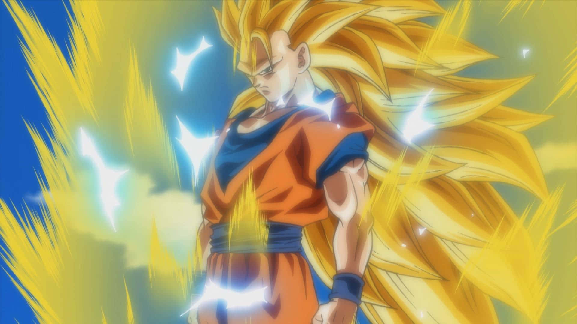 Ssj3 桌布 壁紙 — 超級撒亞人悟空以金色頭髮和氣場在藍天下強勢站立。