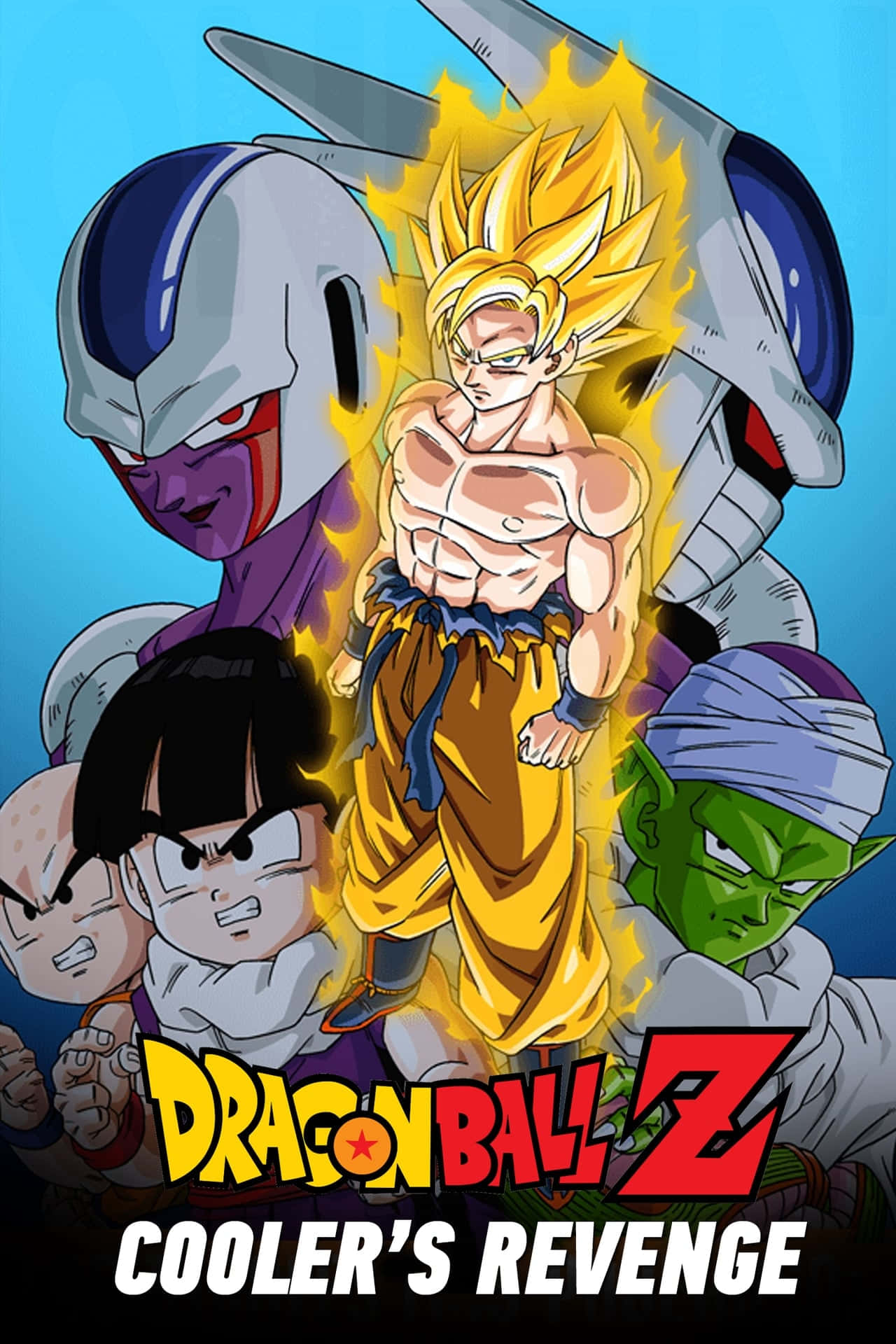Dbz Movies 桌布 壁紙 — 超級撒亞人悟空散發出金色能量，挑釁地站在明亮的藍色背景前，被標誌性的龍珠Z反派包圍。