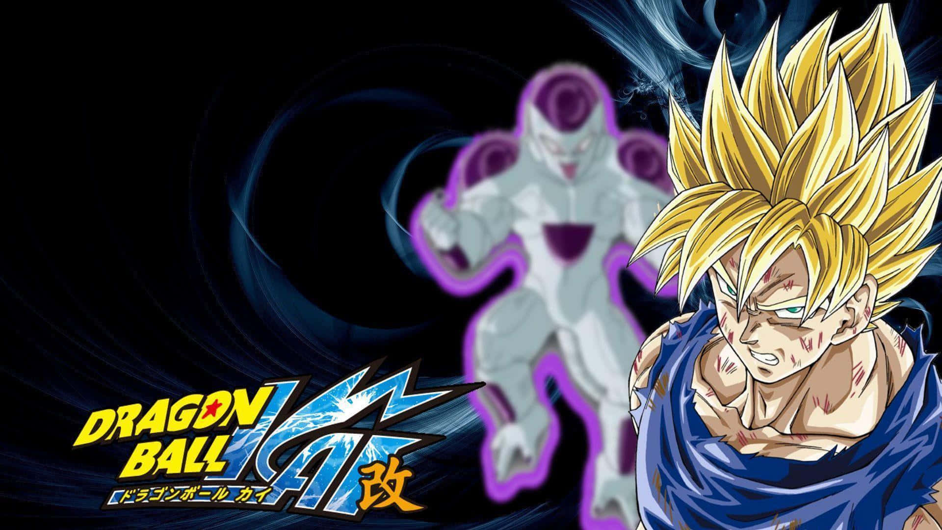 Dragon Ball Z Kai 桌布 壁紙 — 超級撒亞人悟空與發光的紫色菲利展開動態動畫戰鬥場景。