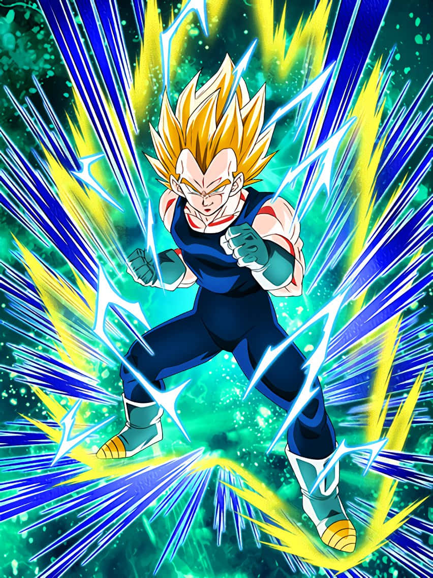 Vegeta Super Saiyan 2 桌布 壁紙 — 超級撒亞人比達以戰鬥姿態被爆炸性的黃色和藍色能量光束包圍，背景是閃爍的綠色。