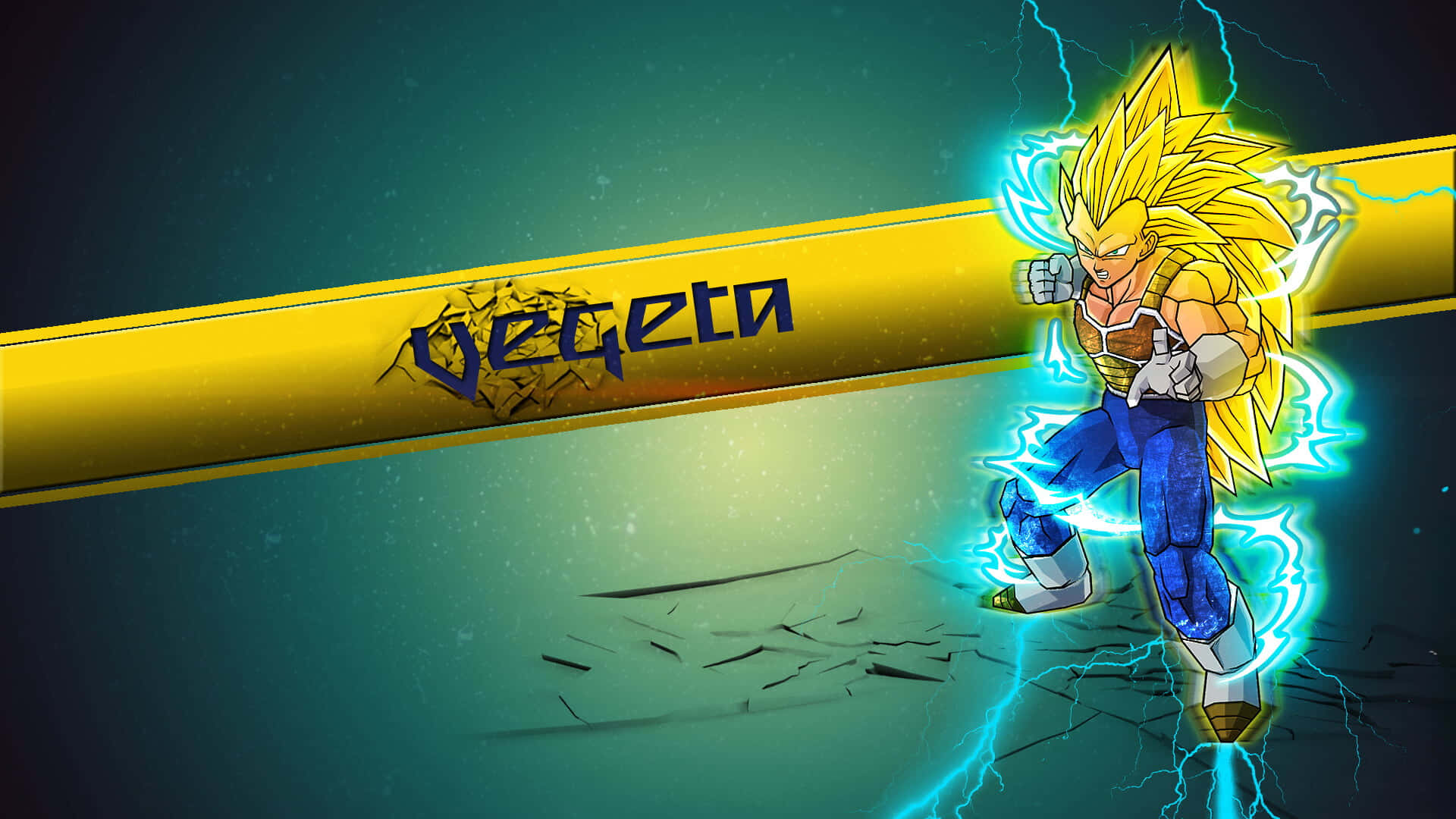 Vegeta Super Saiyan 3 桌布 壁紙 — 超級撒亞人狀態的比達喺一個裂開嘅黃色橫額前散發出藍色閃電，橫額上有佢個名。