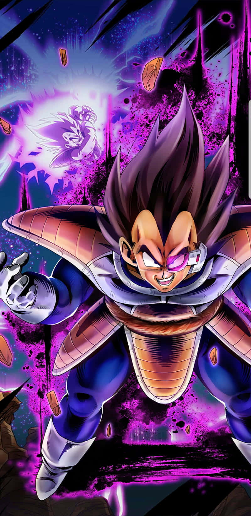 Vegeta Galick Gun 桌布 壁紙 — 超級撒亞人神形態的比達在宇宙背景下釋放紫色能量爆炸，周圍有破碎的碎片。