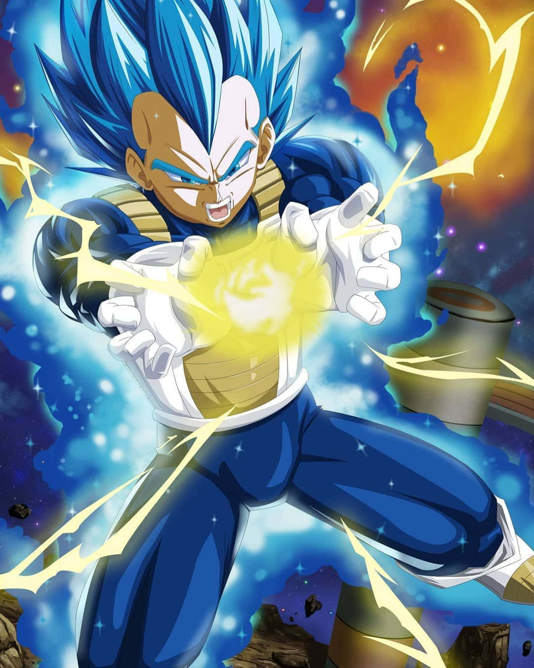 Vegeta Super Saiyan Blue 桌布 壁紙 — 超級撒亞人藍形態的比達在宇宙星空背景下引導發光的能量爆炸。