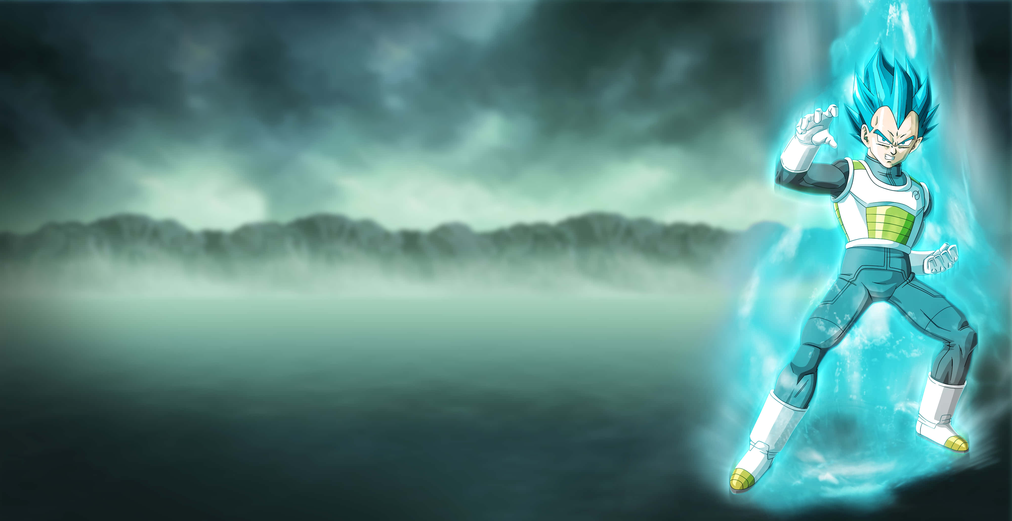 Vegeta Art 桌布 壁紙 — 超級撒亞人藍形態的比達在暴風雨天空下，於迷霧籠罩的黑暗景觀中散發出藍色能量。