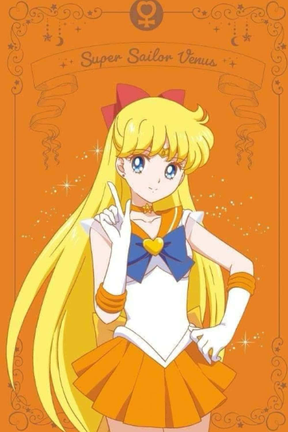 Sailor Venus 桌布 壁紙 — 超級水手金星自信地站在她橙色和藍色的水手服中，背景是閃閃發光的華麗橙色。