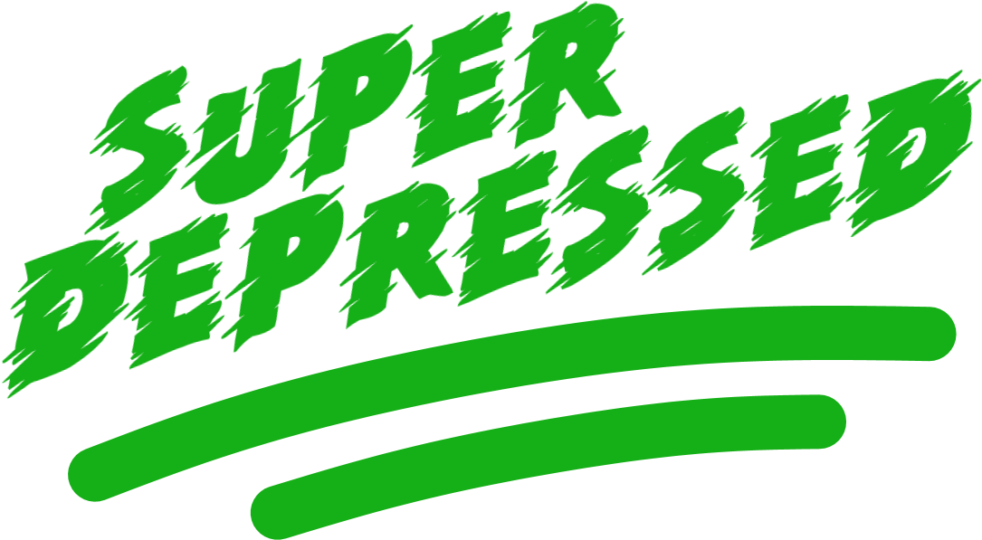 超級沮喪圖文 壁紙 — 粗體綠色文字在 stark 黑色背景上顯示 super depressed，下方有兩條水平綠色條。